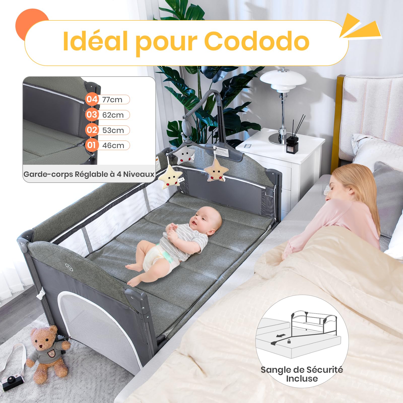 DREAMADE 5 en 1 Lit Parapluie Bébé, 110x76x82CM Lit Cododo avec Matelas,0-9Mois,avec Hauteur Réglable,Bascule 5-10°,Roues avec Freins,Boîte à Musique (Gris)