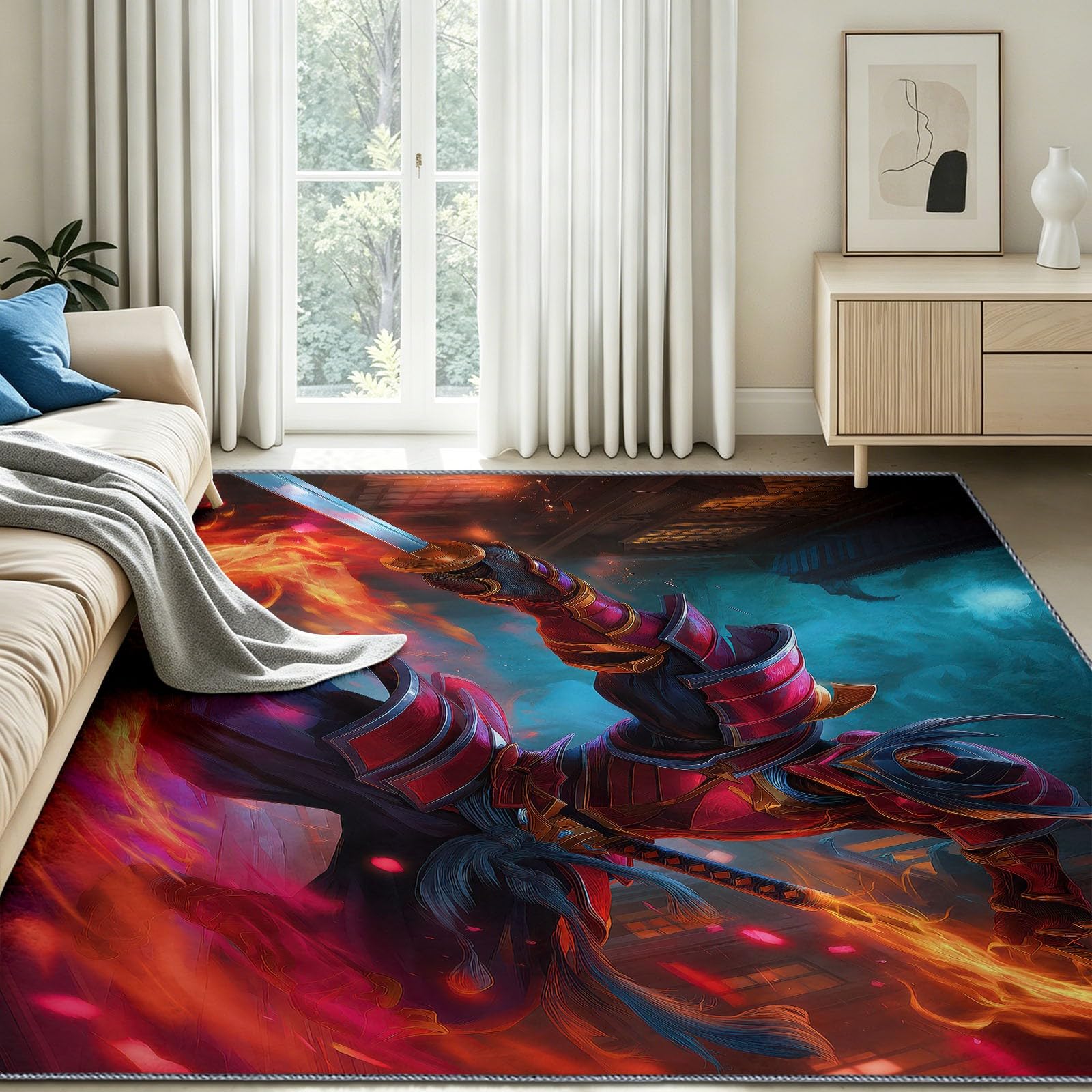 Tapis Salon Japonais Gaming 140 x 200 cm Samouraï Flamme Katana Lavable en Machine Rug | AntidéRapant Poil Ras, pour Salle de Bains, Chambre, Salle à Manger et Cuisine, Multicolore