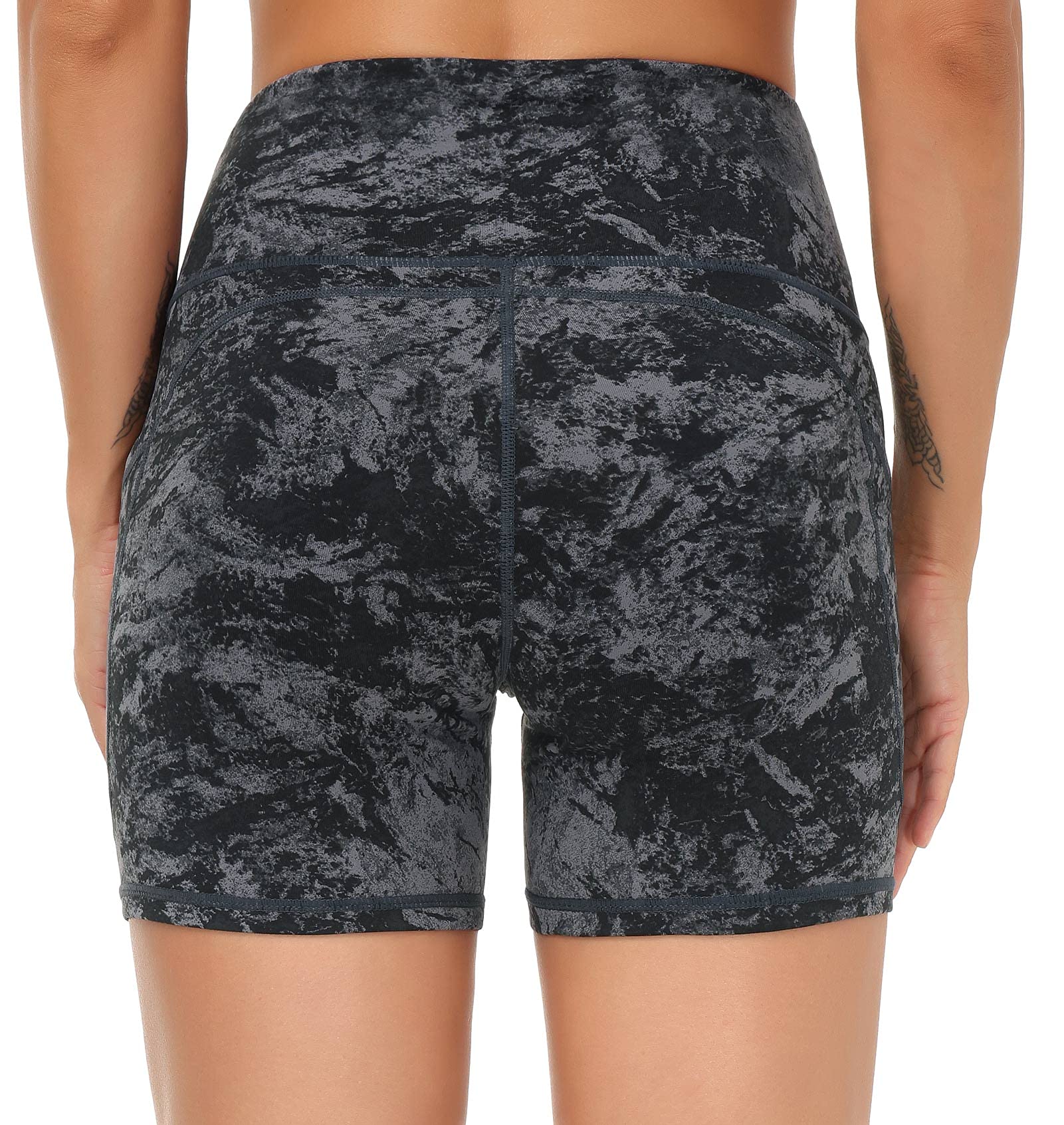 THE GYM PEOPLE High Waist Yoga Shorts for Women Tummy Control Fitness Athletic Workout Running Shorts with Deep Pockets (Medium, Gray-Marble)