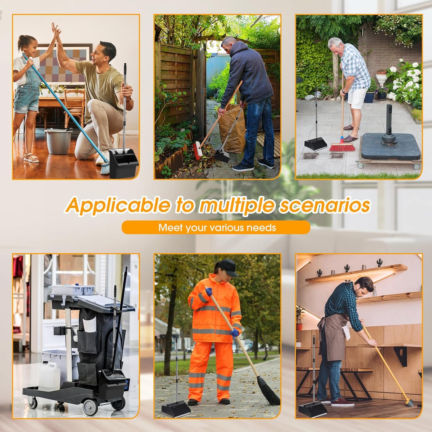 Leumoi 4 Pcs Dust Pans with Long Handle Set 36.6 Inch Commercial Dust Pan with Comb Large Plastic Stand up DustPans for Outdoor Indoor Restaurant Home Office Floor Cleaning (Black)