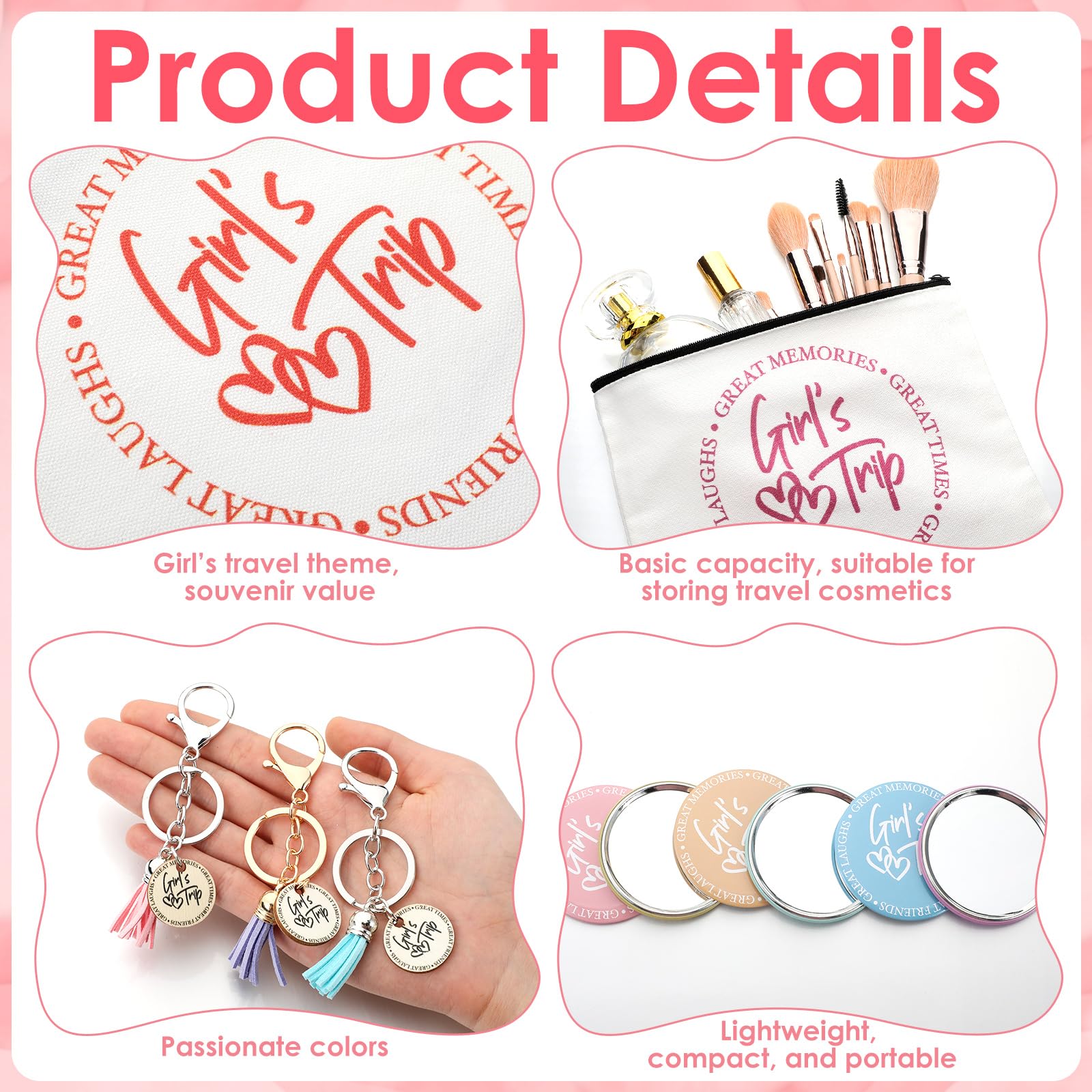 Liliaafar 24 Pcs Girls Trip Gift Favors 6 Makeup Bags 6 Keychains 6 Travel Mirrors 6 Getaway Bracelets Girls Weekend Cosmetic Pouch for Sisters Friends Bestie Bachelorette Party Supplies