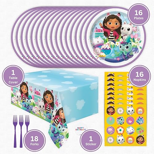 Miniatura 2 de Unique Gabby's - Paquete de suministros de fiesta para casa de muñecas para 16 invitados, platos y servilletas de casa de muñecas Gabby, cubierta de