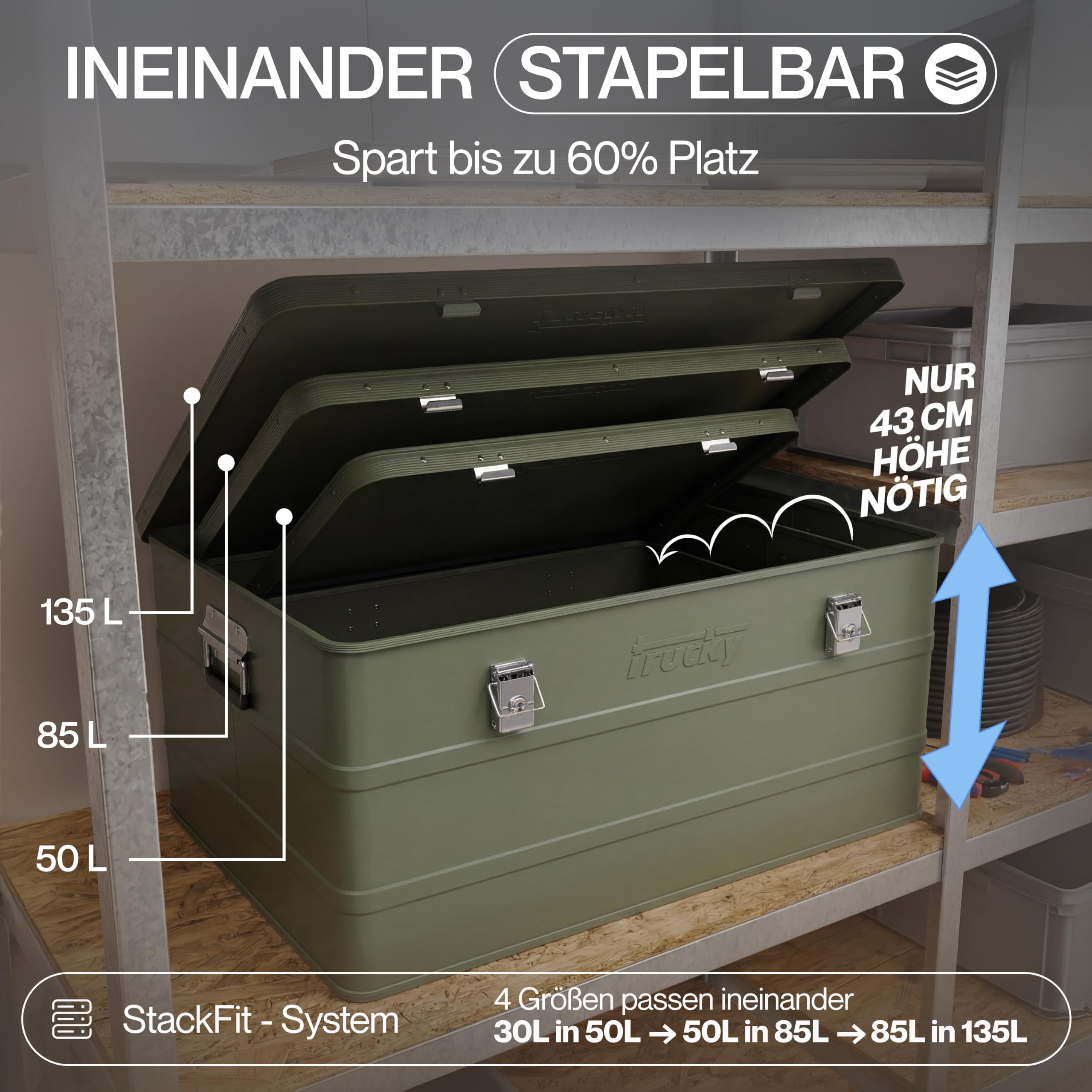 Aluminiowa skrzynka z pokrywką, zielona, 65 l, skrzynka aluminiowa, zamykana Trucky | 57 x 38 x 38 cm, pudełko transportowe, metalowe pudełko, pudełko do przechowywania, metalowa skrzynka