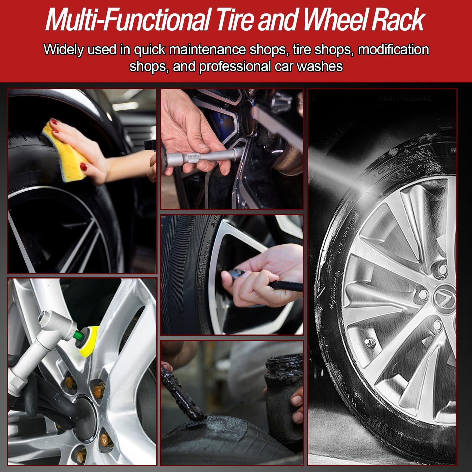 Felgenständer mit Laufrollen, 4 Universalrollen & 3-Rollen-Design & Höhenverstellung Reifenständer aus Stahl - Detailing Wheel Cleaning Ständer für Reinigung Polieren und Wartung von Rädern