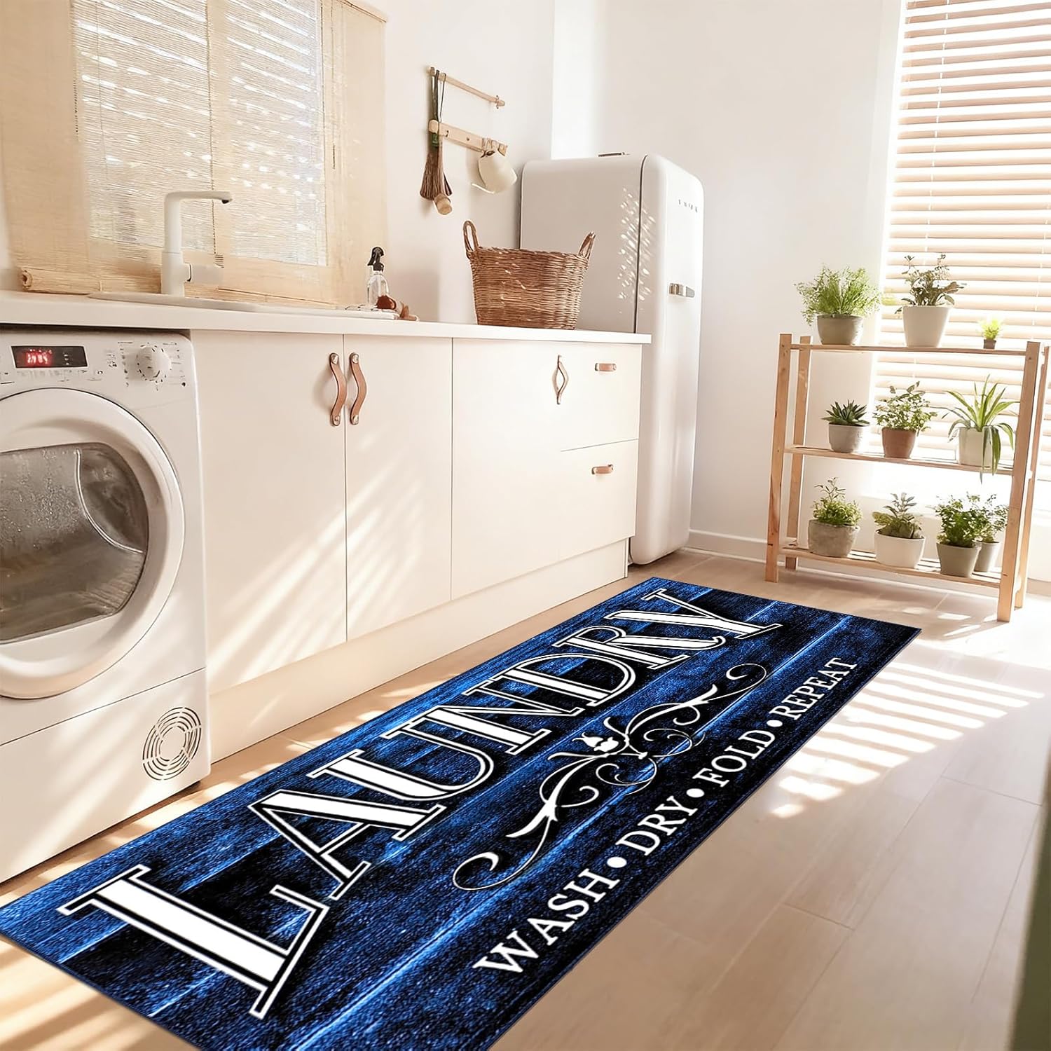 Laundry Mat Runner 2X6Ft Laundry Room Rug, Vintage Farmhouse Kitchen Sink Mat for Floor, Wood Printed, Nonslip Washable Area Rug for Mudroom Washhouse Hallway Entrance, Low Pile, Indoor, Blue