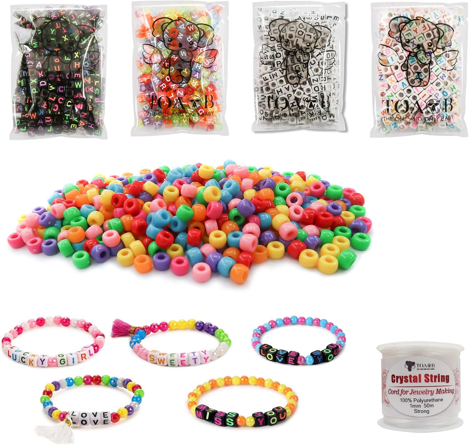 TOAOB 1200pcs 4 Colors Cube Letter Beads Acrylic Alphabet Beads for Bracelets Making with Pony Beads and 1 Roll Elastic String for Jewelry Making