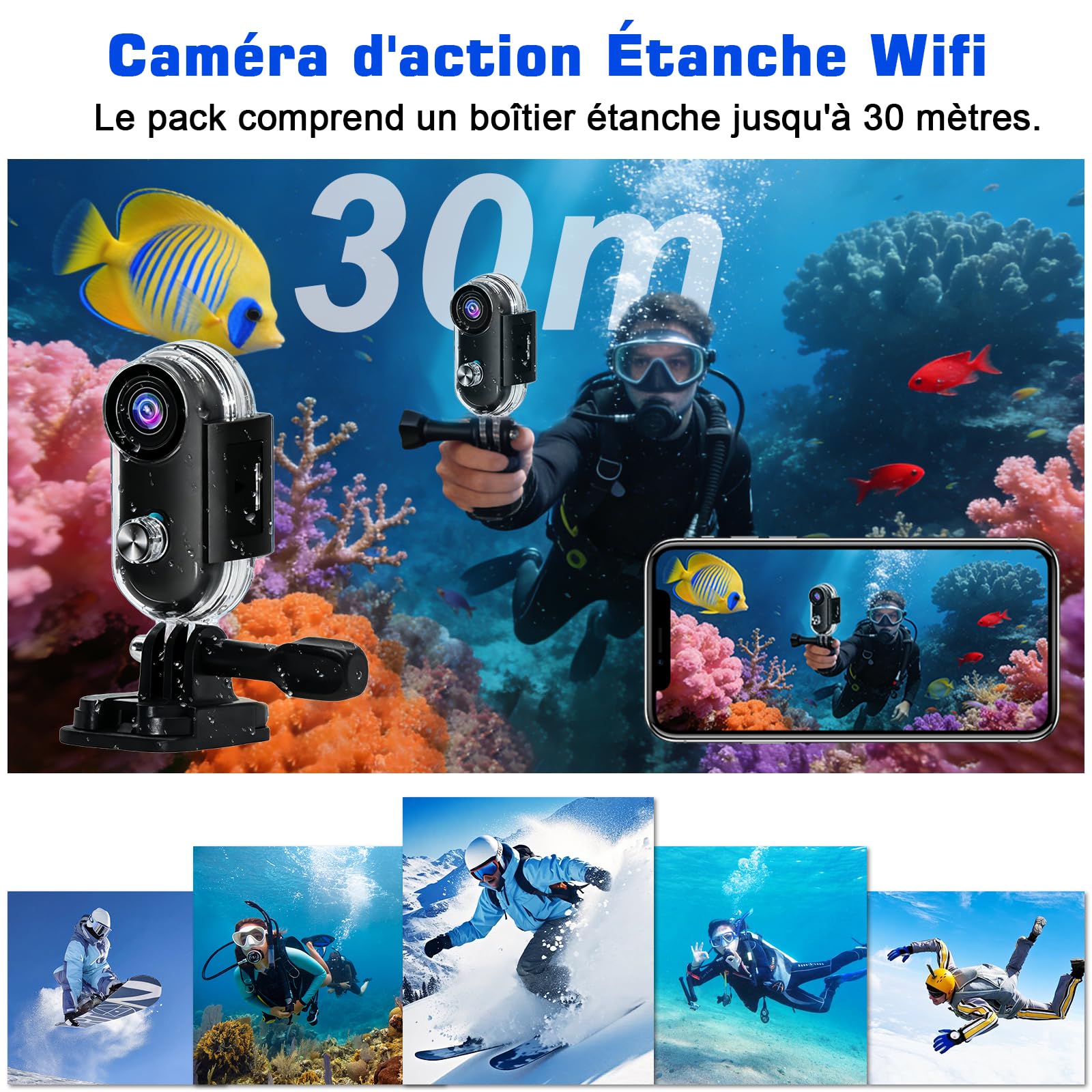 Caméra d'action WiFi 4K 120° Étanche 16 Go avec Accessoires de Fixation