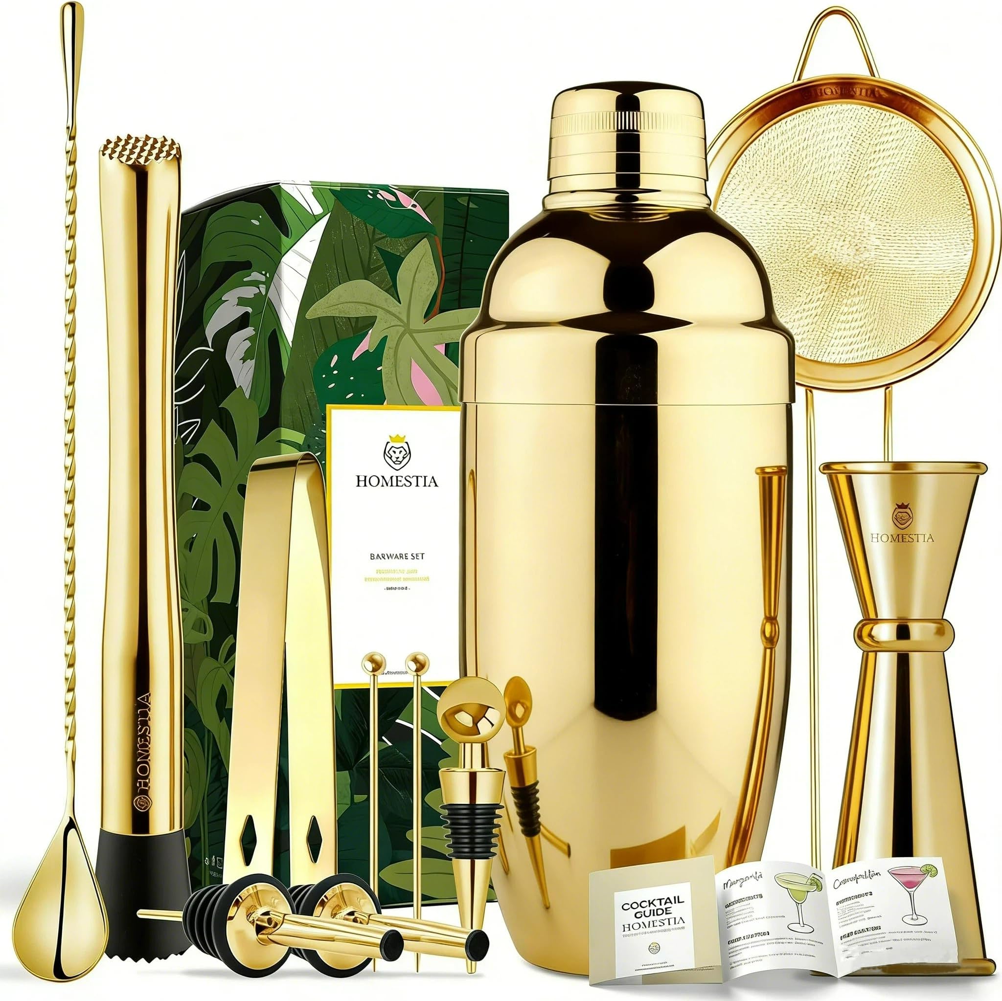 Homestia 11-Piece Gold Cocktail Shaker Set, Premium Weighted Boston Shaker Bartender Kit with Strainer, Jigger, Muddler & Tools - Luxury Barware Gift Set with Cocktail Recipes Booklet