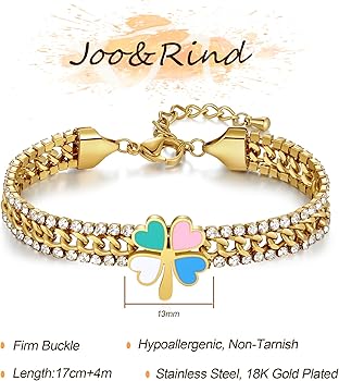 Joo&Rind Bracelet Femme Bijoux Cadeaux, Bracelet Pendentif Trèfle à Quatre Feuilles, Acier Inoxydable Plaqué Or 18 Carats Bracelet (trèfle Rose à Quatre Feuilles