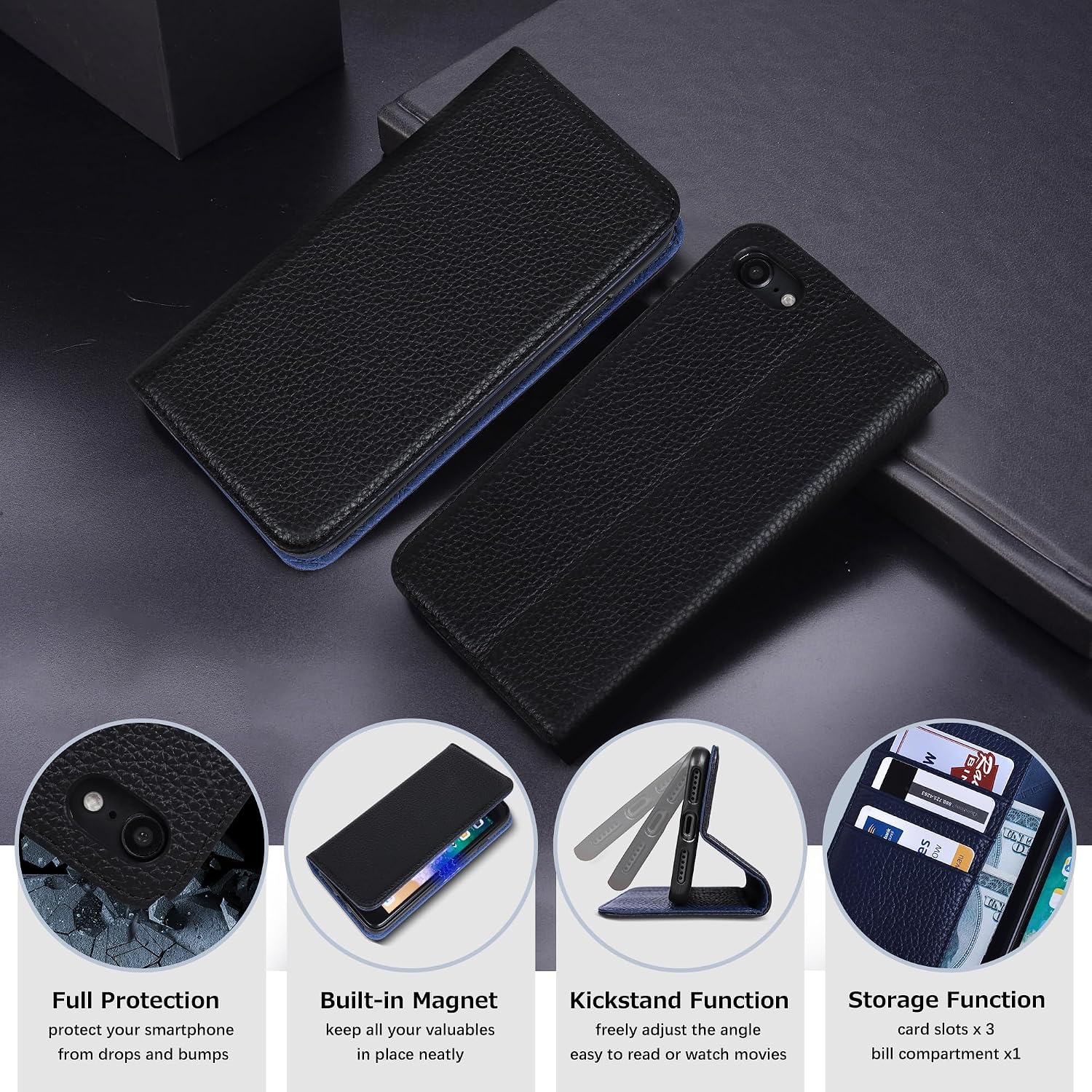 VISOUL Wallet Case for iPhone SE 3rd (2022)/SE 2nd (2020)/8/7 Folio Case, Genuine Leather Magnetic Flip Cover with Card Holder, Kickstand for iPhone 8/7/SE2/SE3 (4.7 inch)-Black+Blue