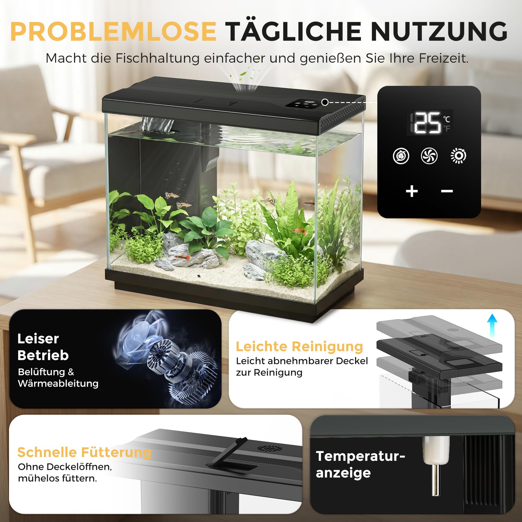 8.3L Kampffisch Aquarium mit 4-in-1 leiser Pumpe & Surface Skimmer, Nano Aquarium Komplettset mit Temperaturanzeige, 8-Farben-Beleuchtung, für Zuhause und Büro (Schwarz, 8.3L)