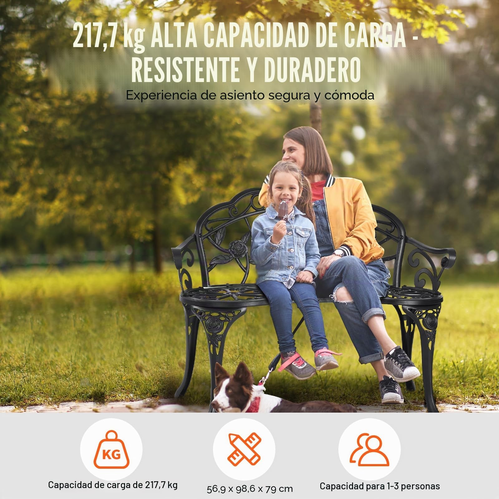 VEVOR, Banco de jardín de Metal de 38.8 Pulgadas para Exteriores, Negro, 38.8 Pulgadas