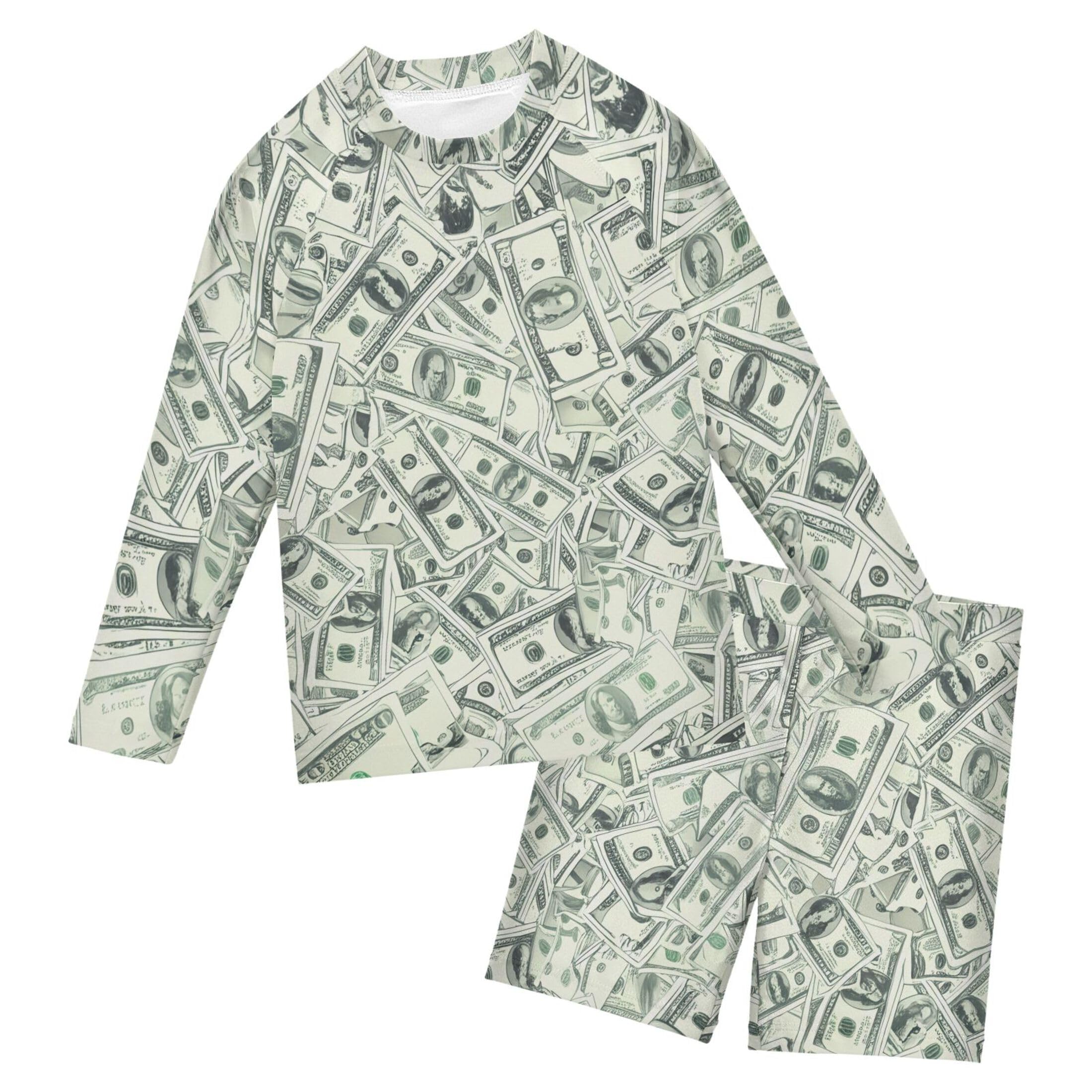Paper Money Hundred Dollar Bills Baby Boys' Toddler Long Sleeved Rashguard Swim Bathing Suit Set B0405100