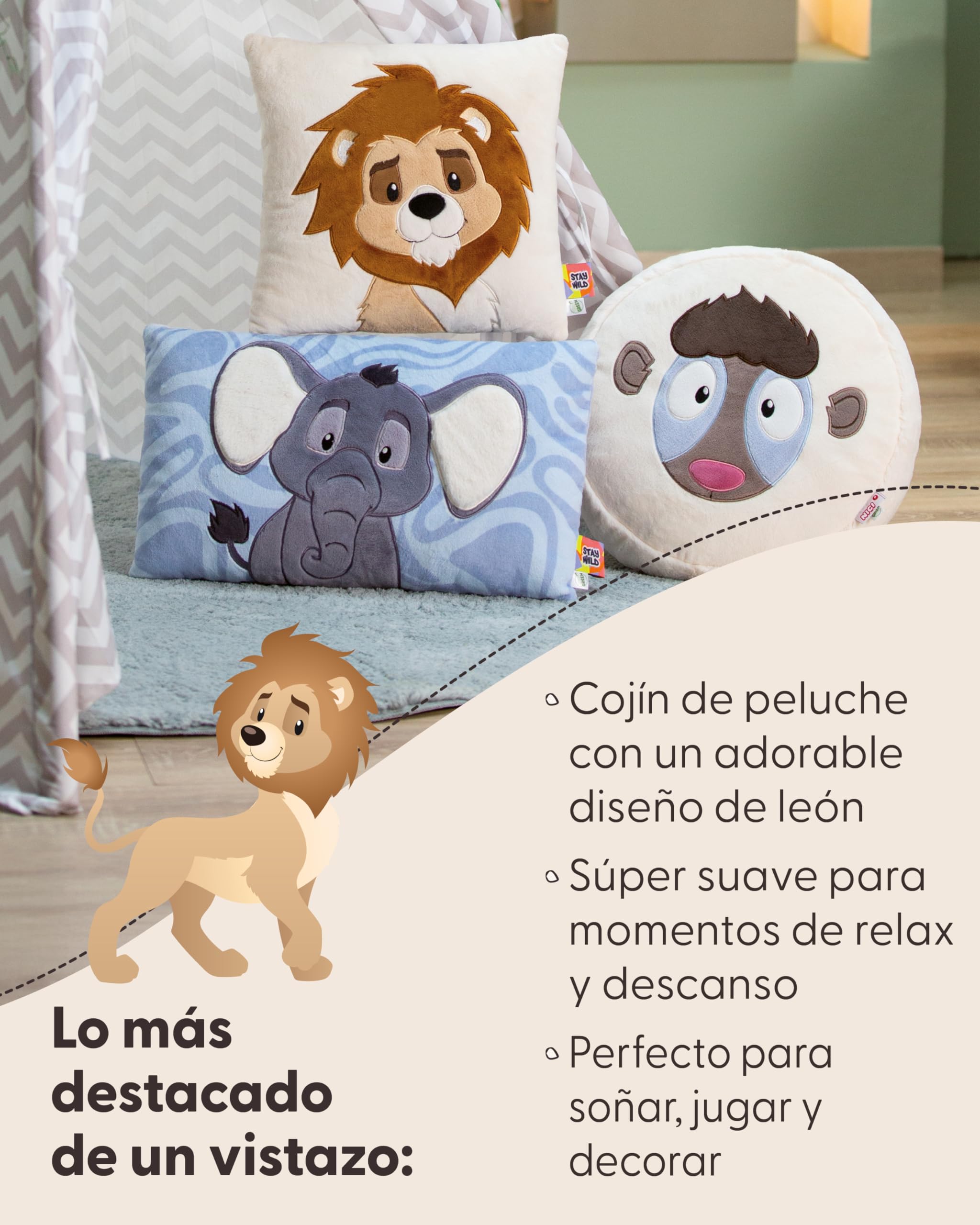 NICI Cojín león 30 x 30 cm, marrón - 62750 | cojín de peluche suave para niños y adultos, cojín de peluche ideal para casa, guardería o para llevar de viaje