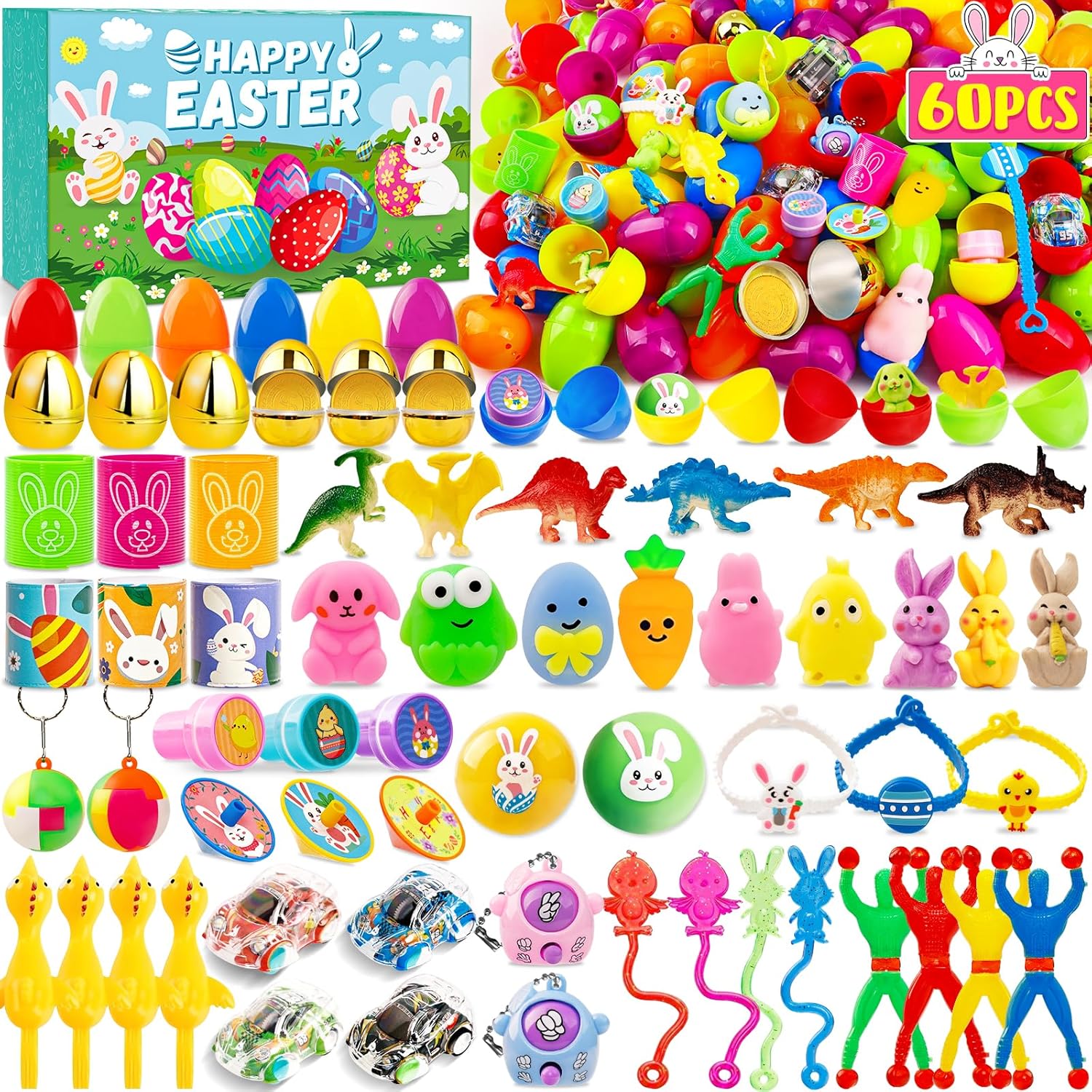 Adisher [ 6 Surprise Golden Eggs ] 60 PACK Prefilled Easter Egg Fillers, Easter Basket Stuffers 60 Plastic Eggs with Assorted Toys Party Favors Classroom Prizes Supplies for Kids Toddler Boys Girls