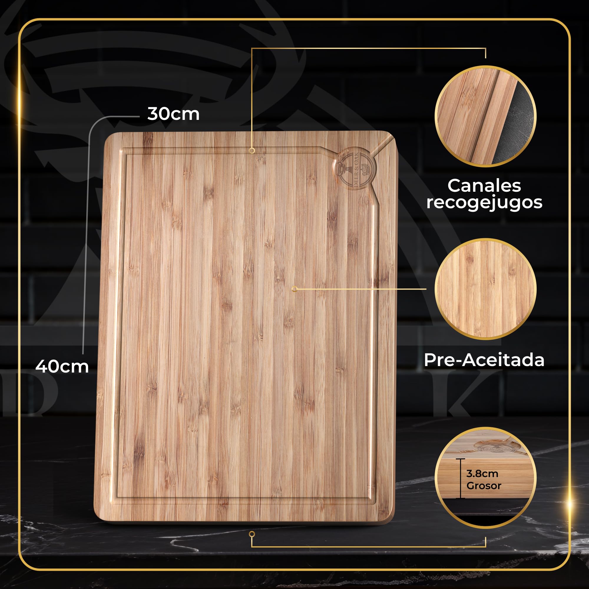 Deer & Oak Tabla de Cortar de Bambú Extra Grande 40x30x4 cm – Tabla de Madera Resistente para Carne y Cocina, Bloque de Carnicero Extra Grueso y Duradero