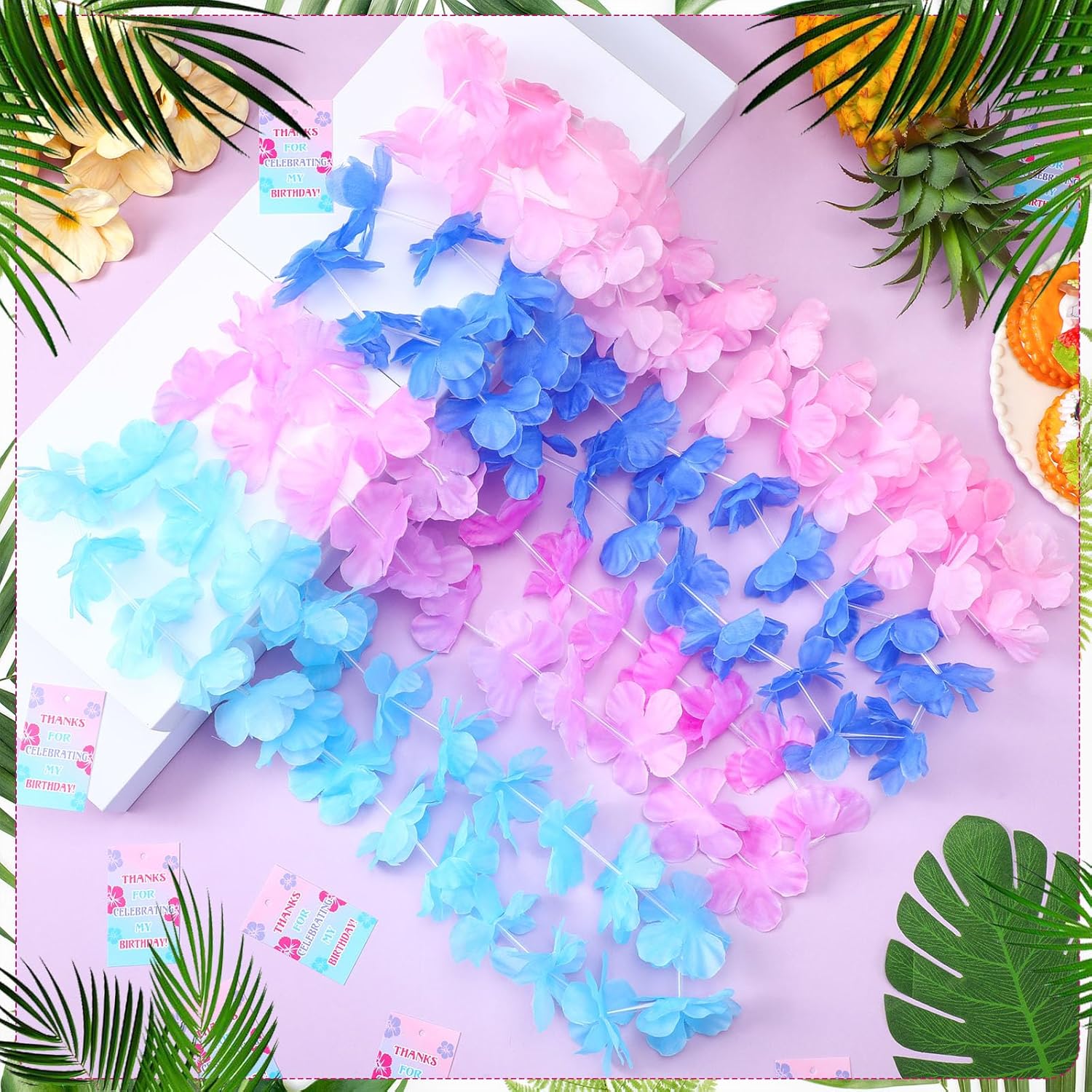 Hoteam 36 Counts Hawaiian Leis Bulk Tropical Flower Lei Hawaiian Necklaces with Cartoon Themed Gift Card Blue Light Blue Pink Cartoon Alien Gift for Luau Beach Hawaii Party Favor Birthday Decoration