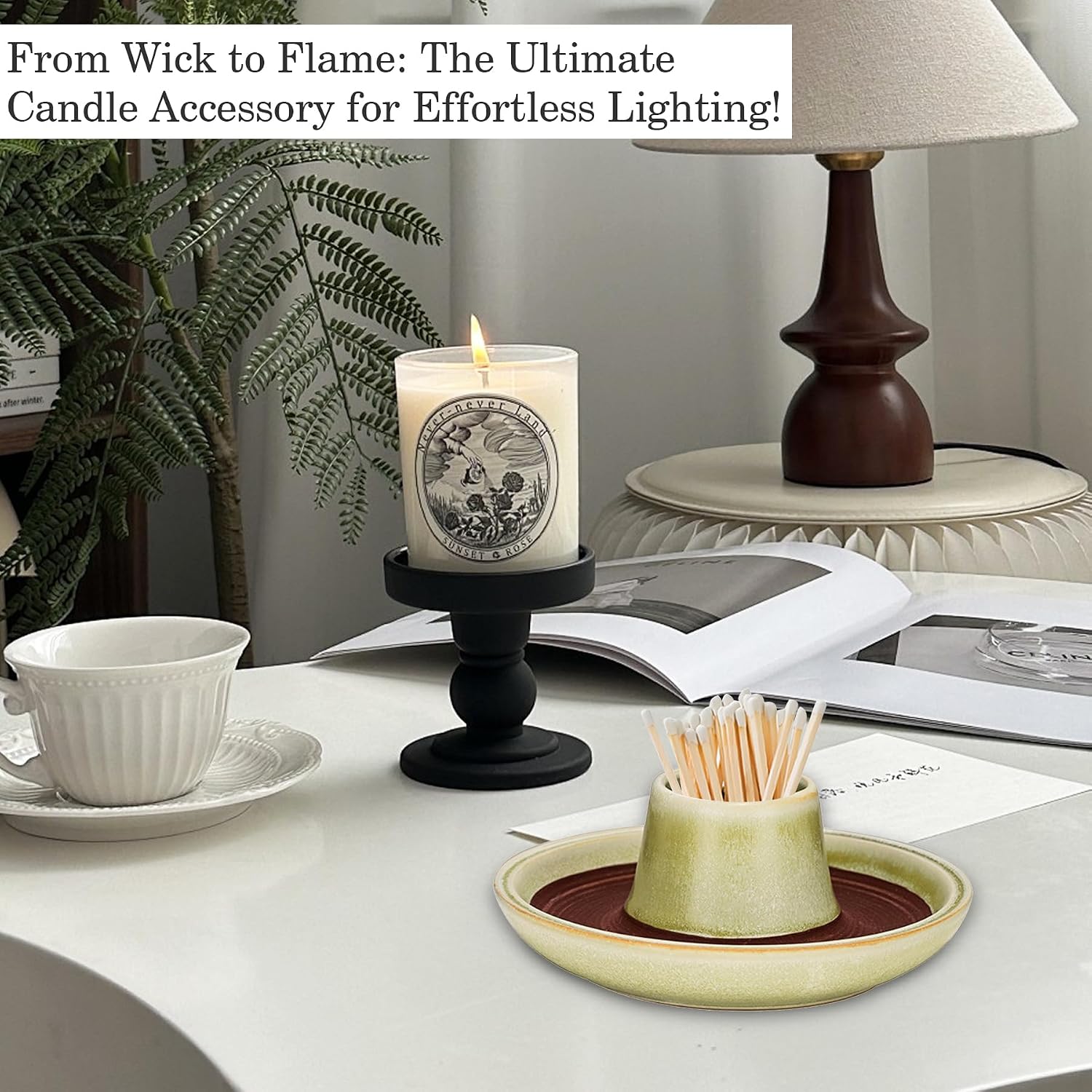 SANDOO Handmade Ceramic Match Holder with Striker - Works with All Matches,Decorative Match Holder,Match Stick Holder,Candle Accessory,Aesthetic Home Decor for Fireplace,Matches not Included,4.7"x1.8"
