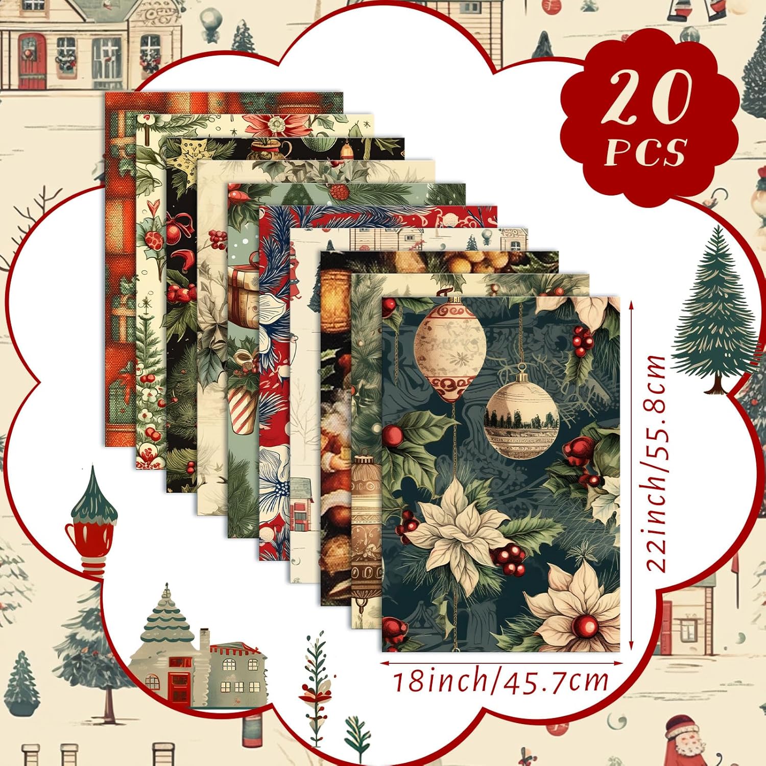 Hahafelt 10 Pcs 18 x 22 Inch Vintage Christmas Quilting Fabric Bundles Christmas Fat Squares Patchwork Precut Strips Red Cardinal Fabric Materials for Xmas Holiday Quilting Crafting DIY