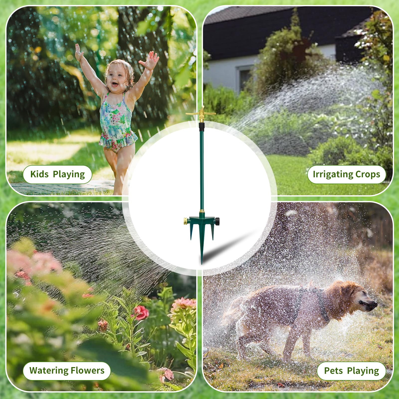 Aspersor de jardín giratorio de 360° de 3 brazos, paquete de 2 aspersores telescópicos con estaca, aspersor de agua de latón para césped de jardín para grandes áreas de hasta 40 pulgadas