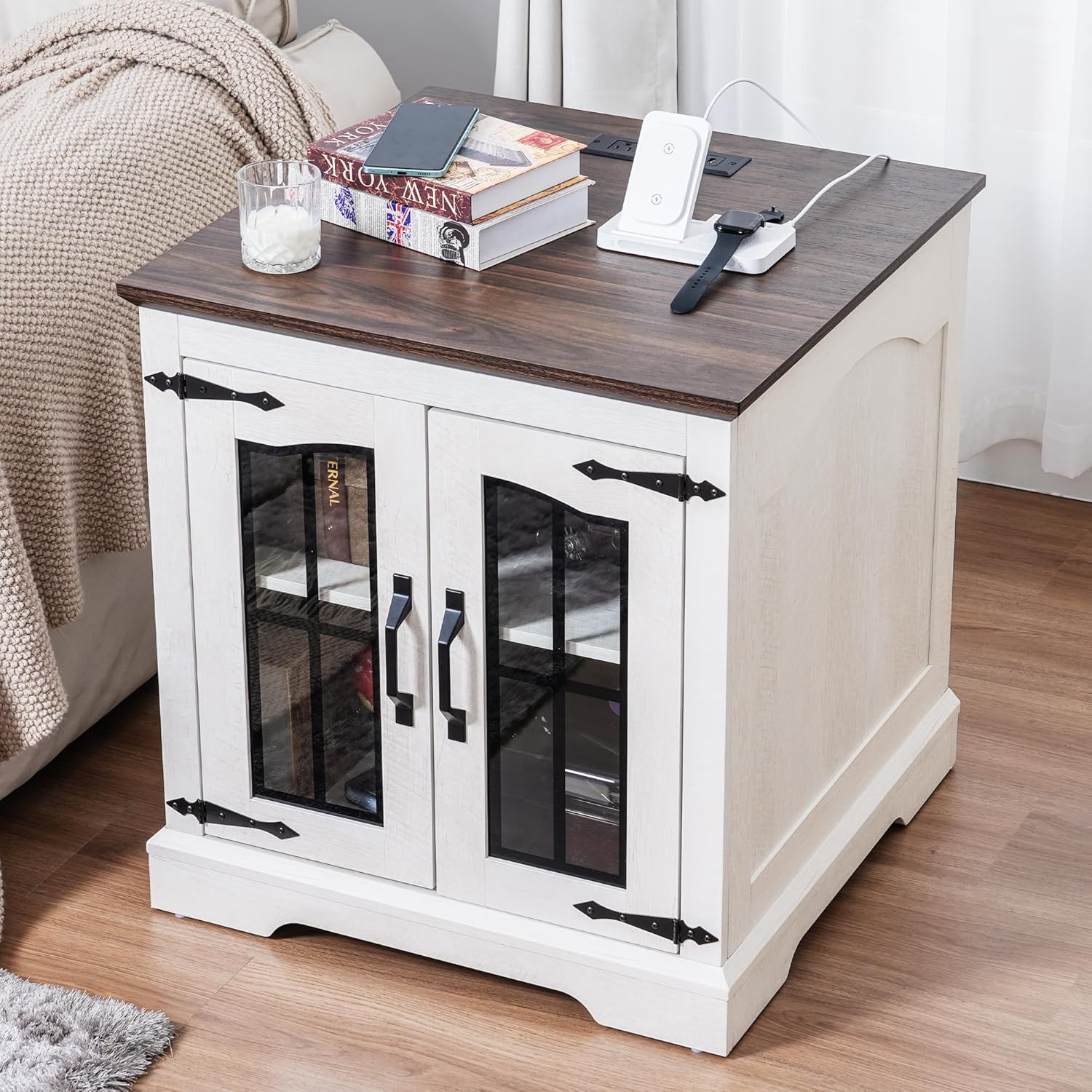 Farmhouse End Table with Charging Station,23.6" Square Side Table with Storage for Living Room,Large Nightstand Bedside Table for Bedroom (Farmhouse, White)