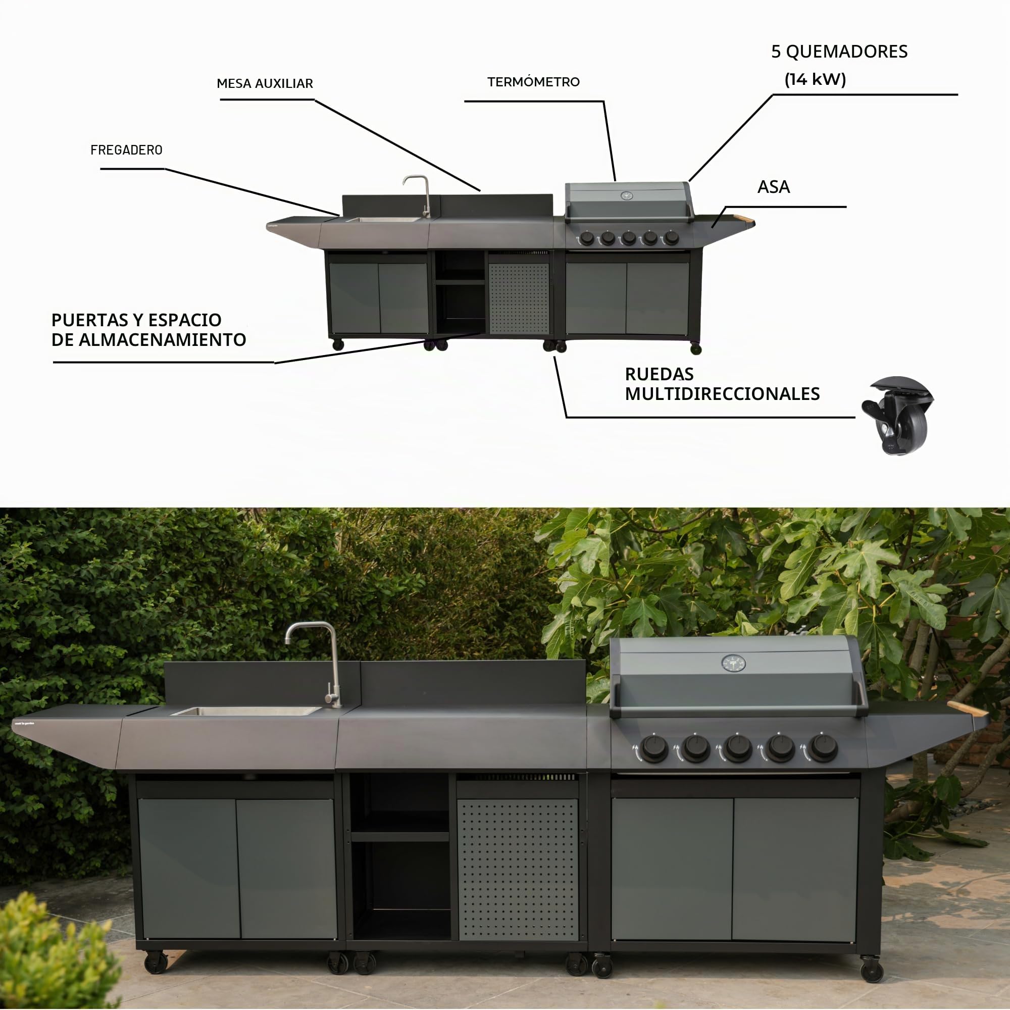Cook'in Garden - Cocina de Gas para Exterior BURN, Barbacoa con Postre y Fregadero Integrados, 5 Quemadores, Espacio Adicional, Grifo con Salida de Agua, Función de Plancha y Barbacoa