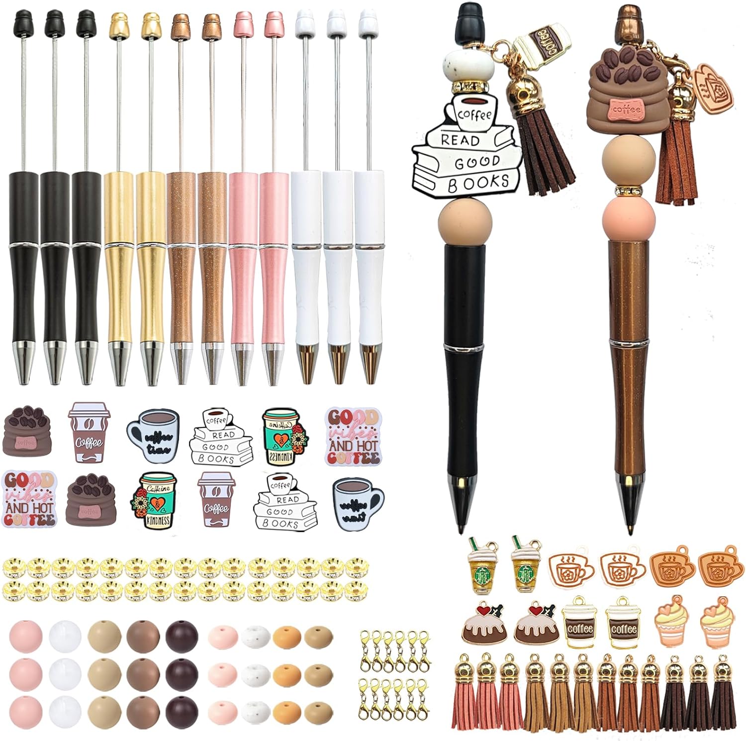 JNwhy Beadable Pens 12 Sets Coffee Theme Ballpoint Pens DIY Making Kit with Silicone Focal Beads Alloy Pendants Assorted Spacer and Tassels (Coffee Theme)