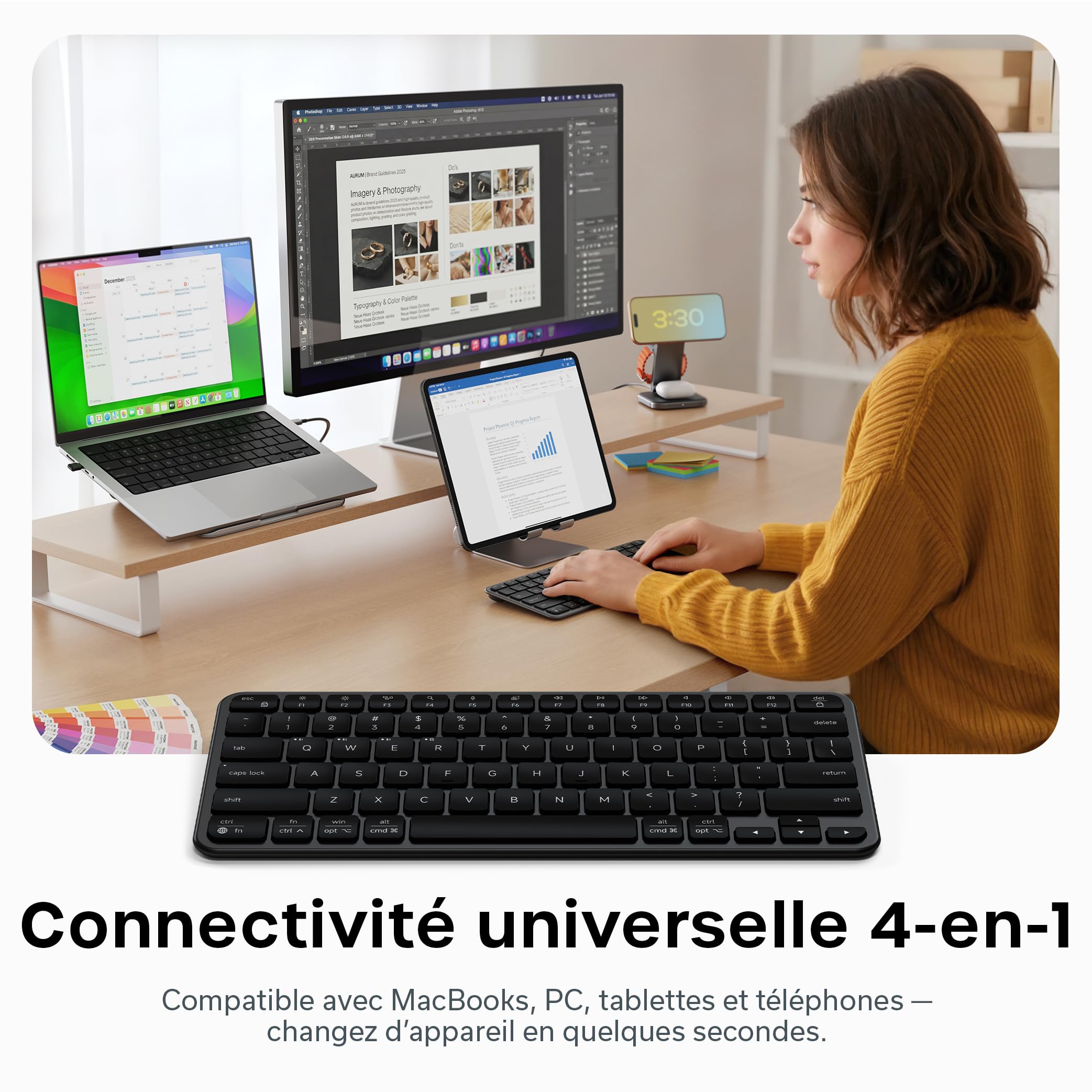 Satechi Clavier sans Fil Slim EX1, Distribution 𝗤𝗪𝗘𝗥𝗧𝗬 𝗨𝗦, Bluetooth Multi-Appareils 4 en 1, Récepteur 2,4 GHz, Rechargeable USB-C pour Mac, Windows et Android – Noir Sidéral