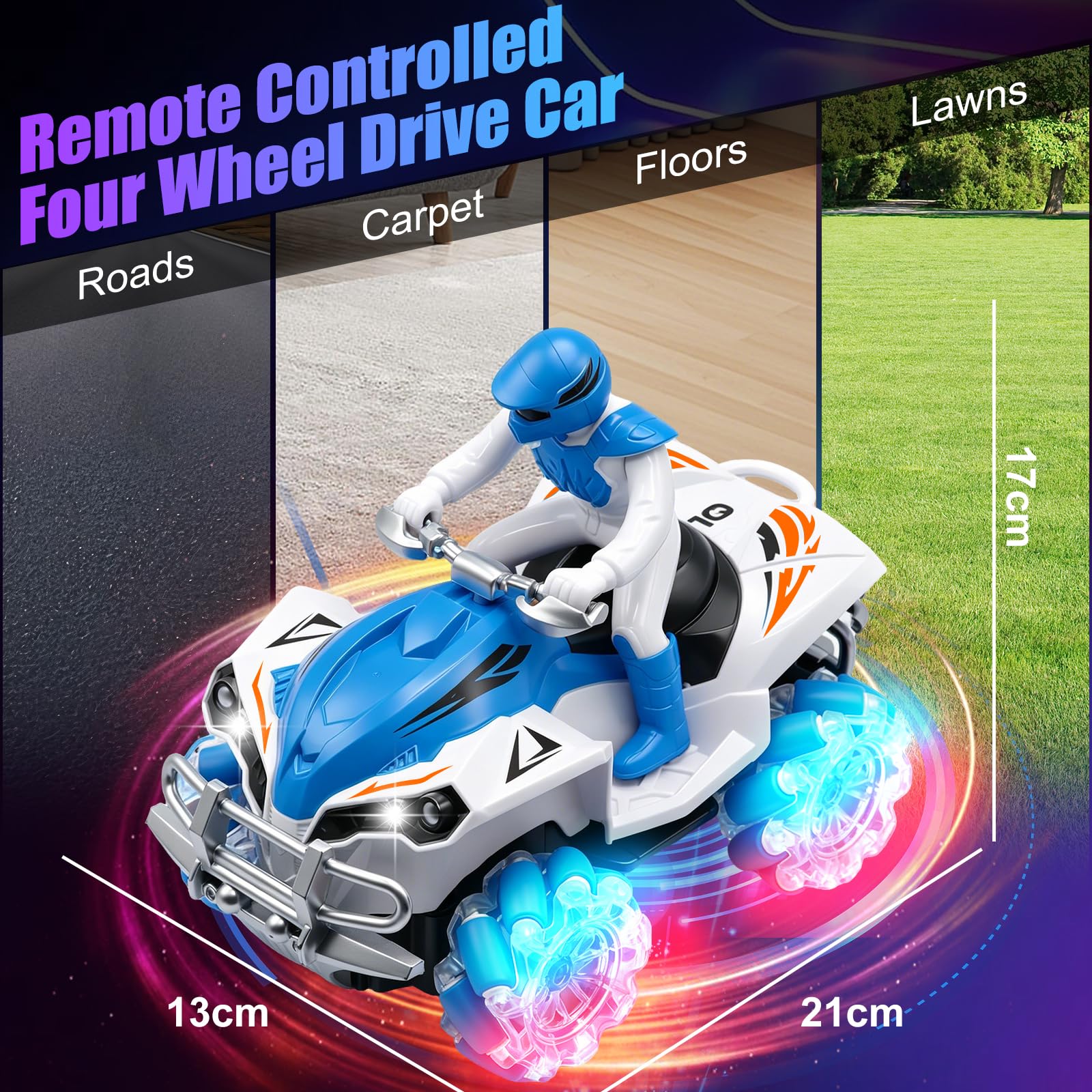 Auto Telecomandata per Bambini, Macchina Radiocomandata RC 2,4 GHz con 2 Batterie Ricaricabili, Auto Stunt 4WD con Rotazione a 360°, Fari e Ruote LED, per Interni ed Esterni, Spiaggia e Prato