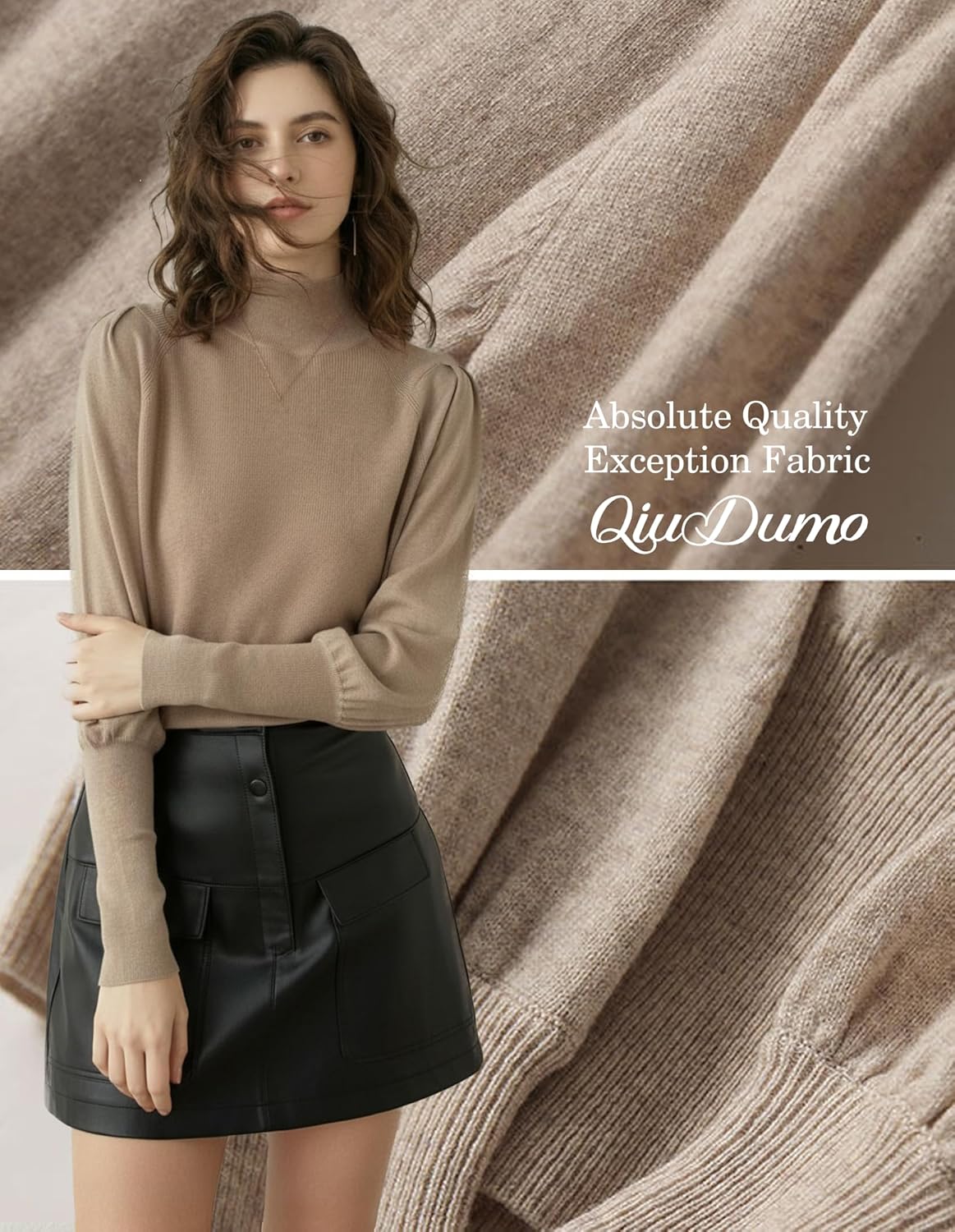 Women Fall Knit Blouson Blouse Mock Neck Basic Long Cuff Puff Sleeve Dressy Casual Loose Fit Top - Image 7