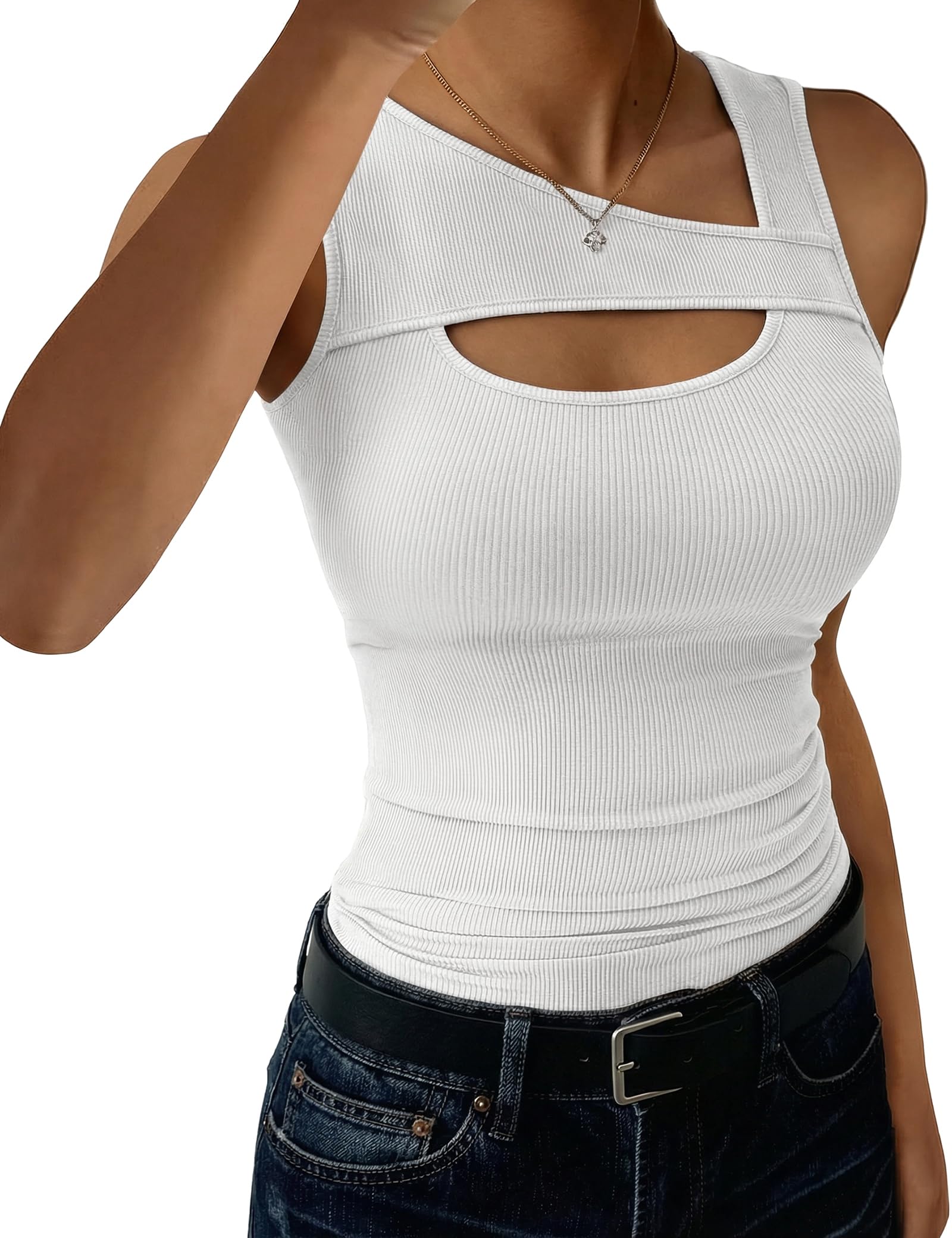 Aottori Tank Top Damen Asymmetrischer Ausschnitt Tops Gerippt Sommer Tanktop Slim Fit Sexy Oberteile Cut-Out Stretch Basic Shirt Ärmellos Casual Einfarbig