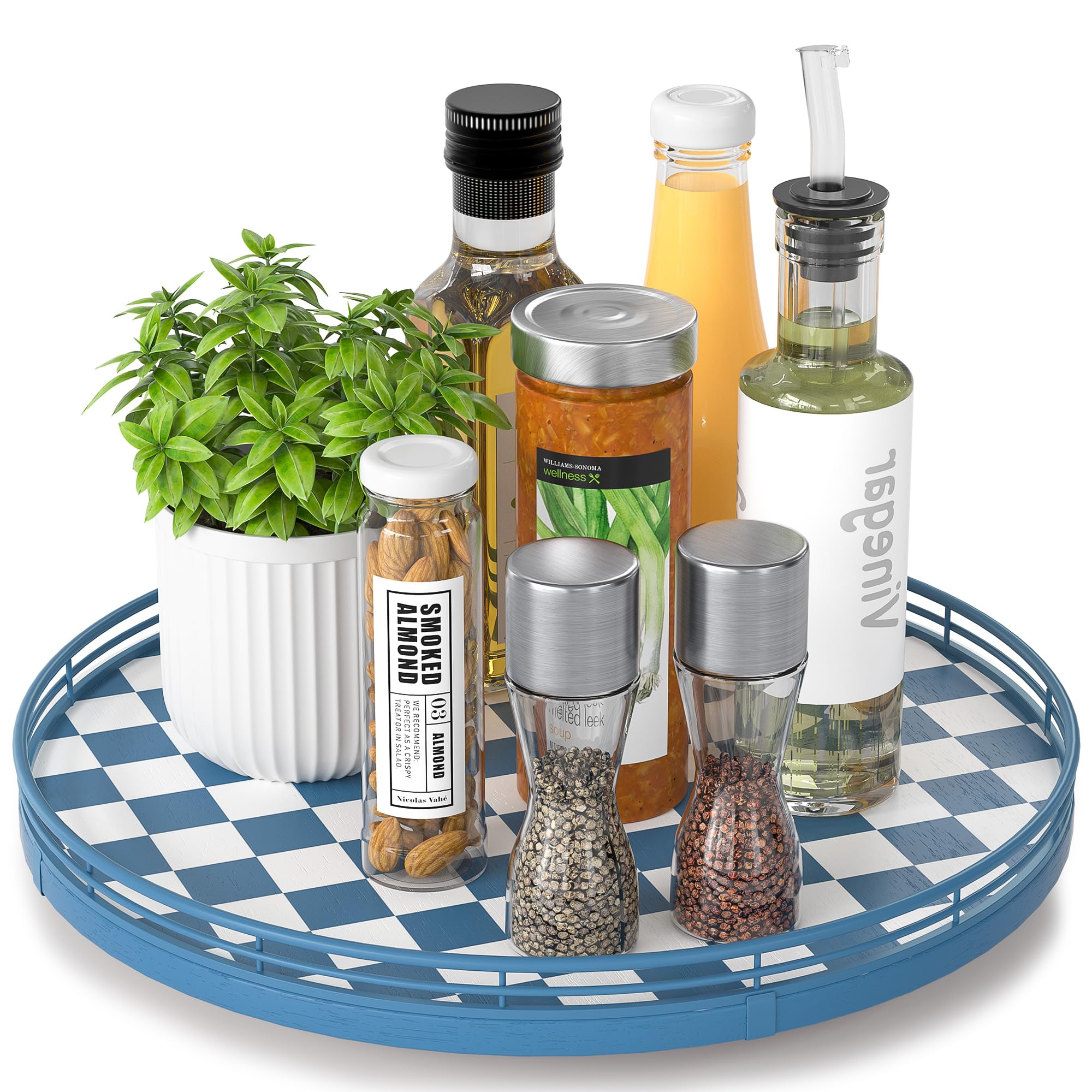 Blue and White Checkerboard Lazy Susan with Rubberwood Base and Metal Rail