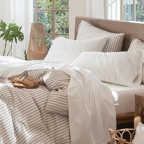 MooMee Bedding Sheet Set 100% Washed Cotton Linen Like Textured Breathable Durable Soft Comfy (Solid Bright White, Queen)