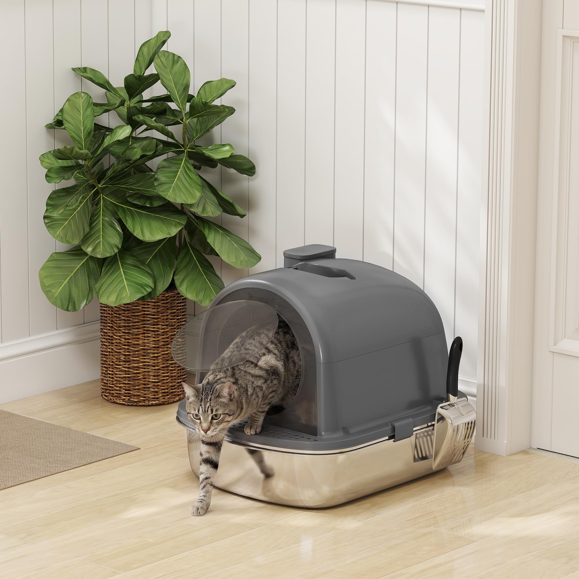PawHut Katzentoilette aus Edelstahl mit Deckel, geschlossen, dunkelgrau | Schaufel, Deodorantbeutel, Griff, Geruchskontrolle, nicht klebrig, einfach zu reinigen
