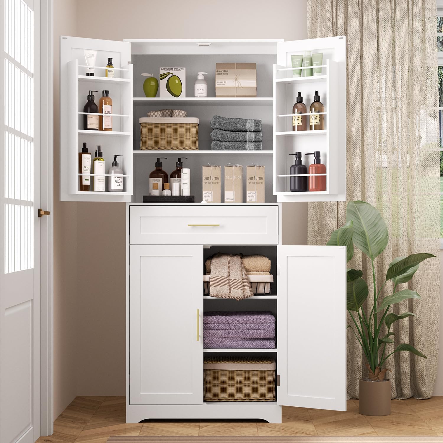 70.9" Tall Pantry Cabinet, Kitchen Pantry Storage Cabinet, Freestanding Food Pantry Cabinet with 4 Doors and Adjustable Shelves, Cupboard with Drawer for Kitchen, Living Room, White