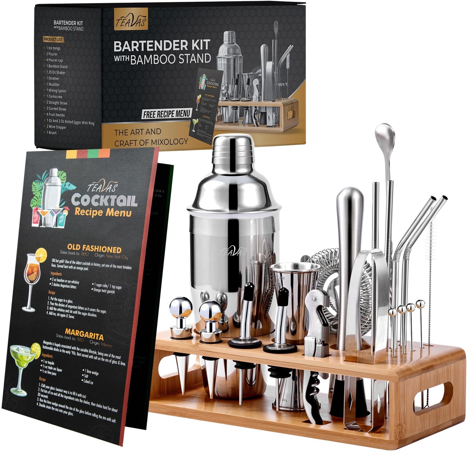 Mixology Bartender Kit with Japanese Jigger & Bamboo Stand - 25 Piece Stainless Steel Cocktail Making Set, Shaker, Strainer, Mixer, Spoon, Muddler, Barware Tools - Birthday Gifts & Anniversary