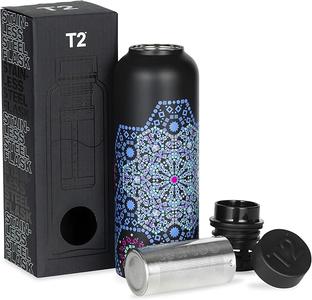 T2 Tea Flask, Stainless Steel Leak-Proof Thermal Insulated Flask with Removable Tea Infuser, Moroccan Tealeidoscope Black, 500ml, H999BU189