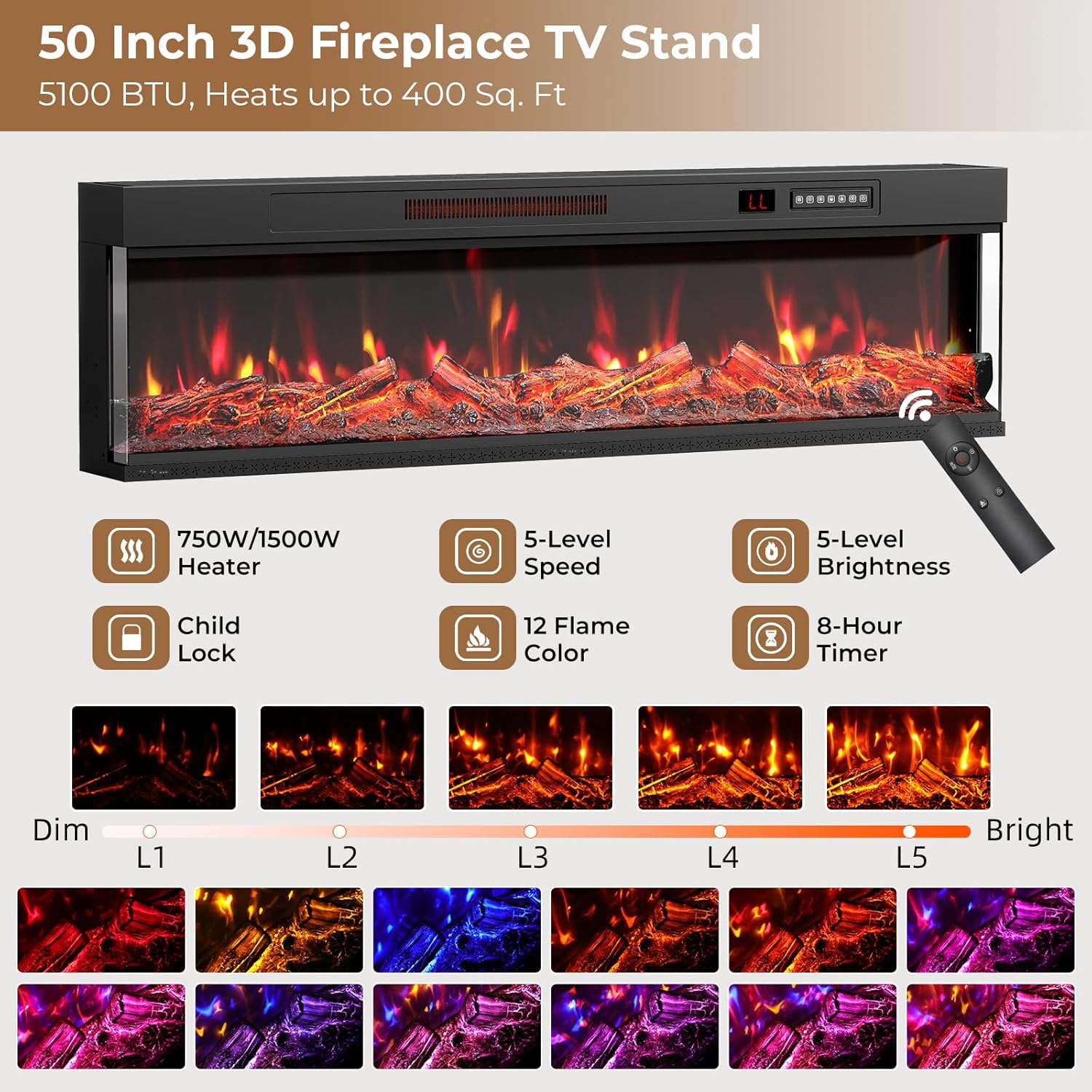 BREEZEHEAT Fireplace TV Stand with 50inch 3 Sided Electric Fireplace, Fluted Fireplace Entertainment Center with 3 Drawers, Mid Century Modern TV Consoles for Living Room, Black