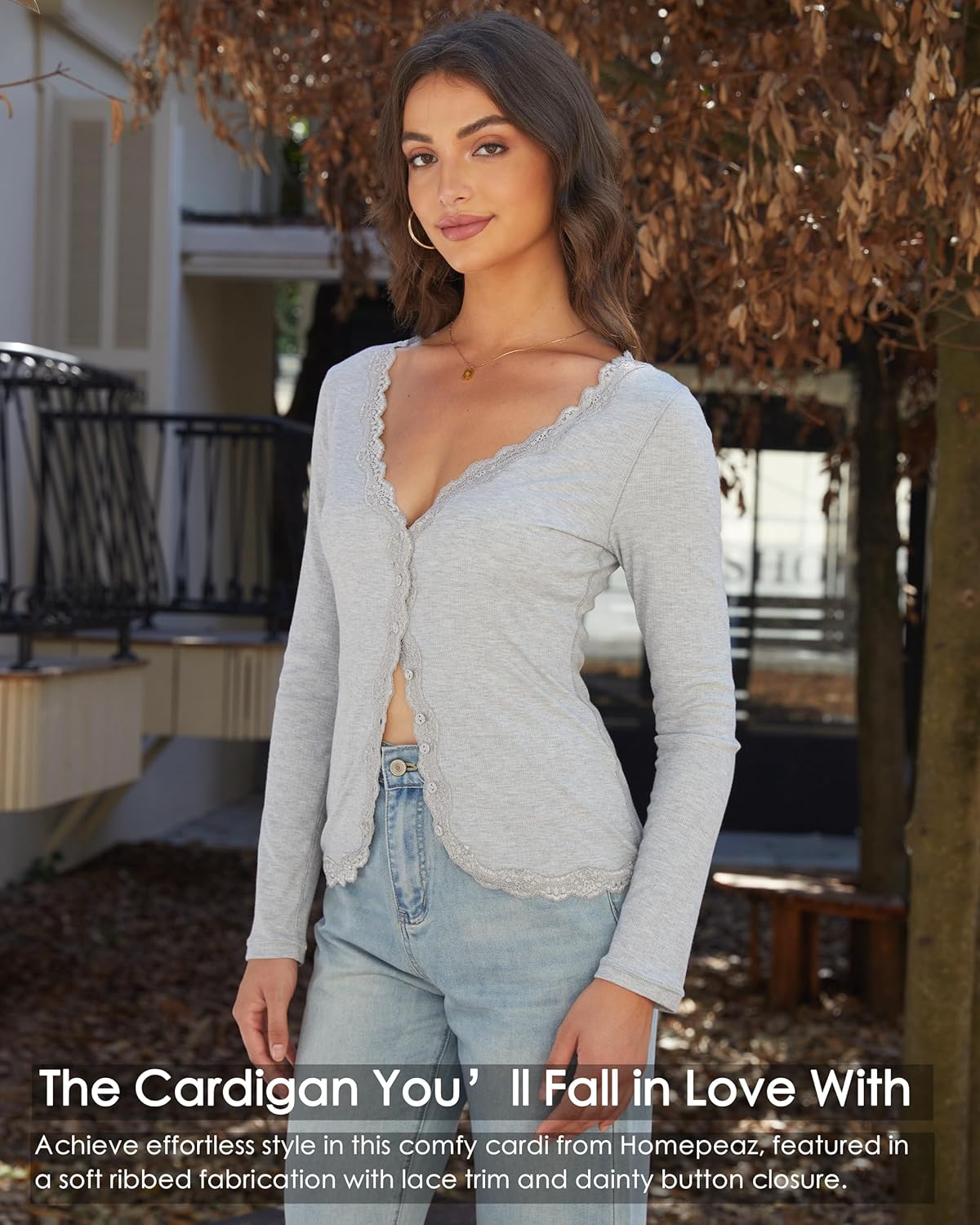 Cardigan for Women Cropped Lightweight V Neck Ribbed Knit Going Out Tops Button Down Shirts Lace Long Sleeve Tops - Image 2
