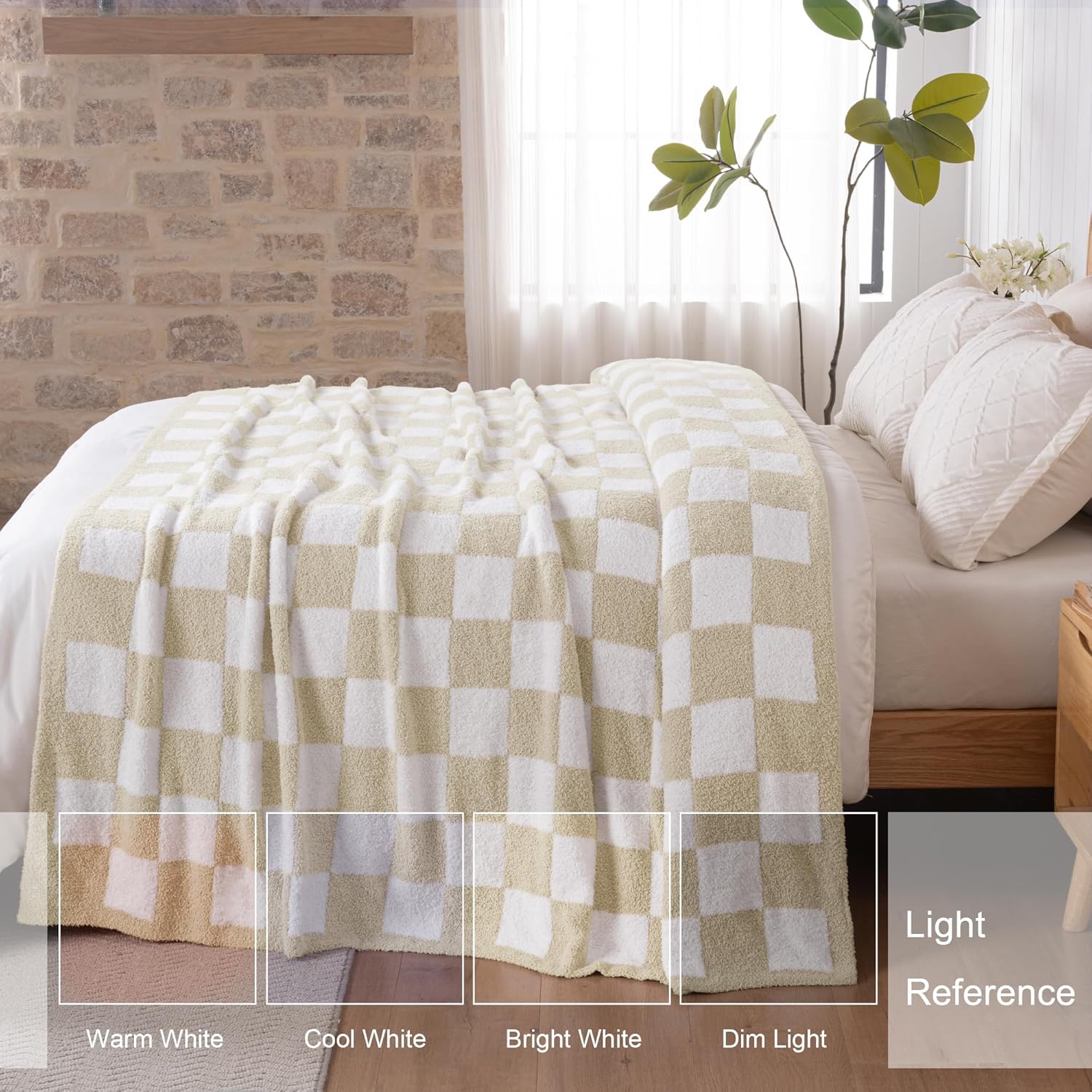 Exclusivo Mezcla Checkered Knit Blankets Queen Size, Ultra Soft and Warm Reversible Woven Blankets, Cozy Snuggly Throw for Couch Bed and Home Decor, Khaki, 90"x90"