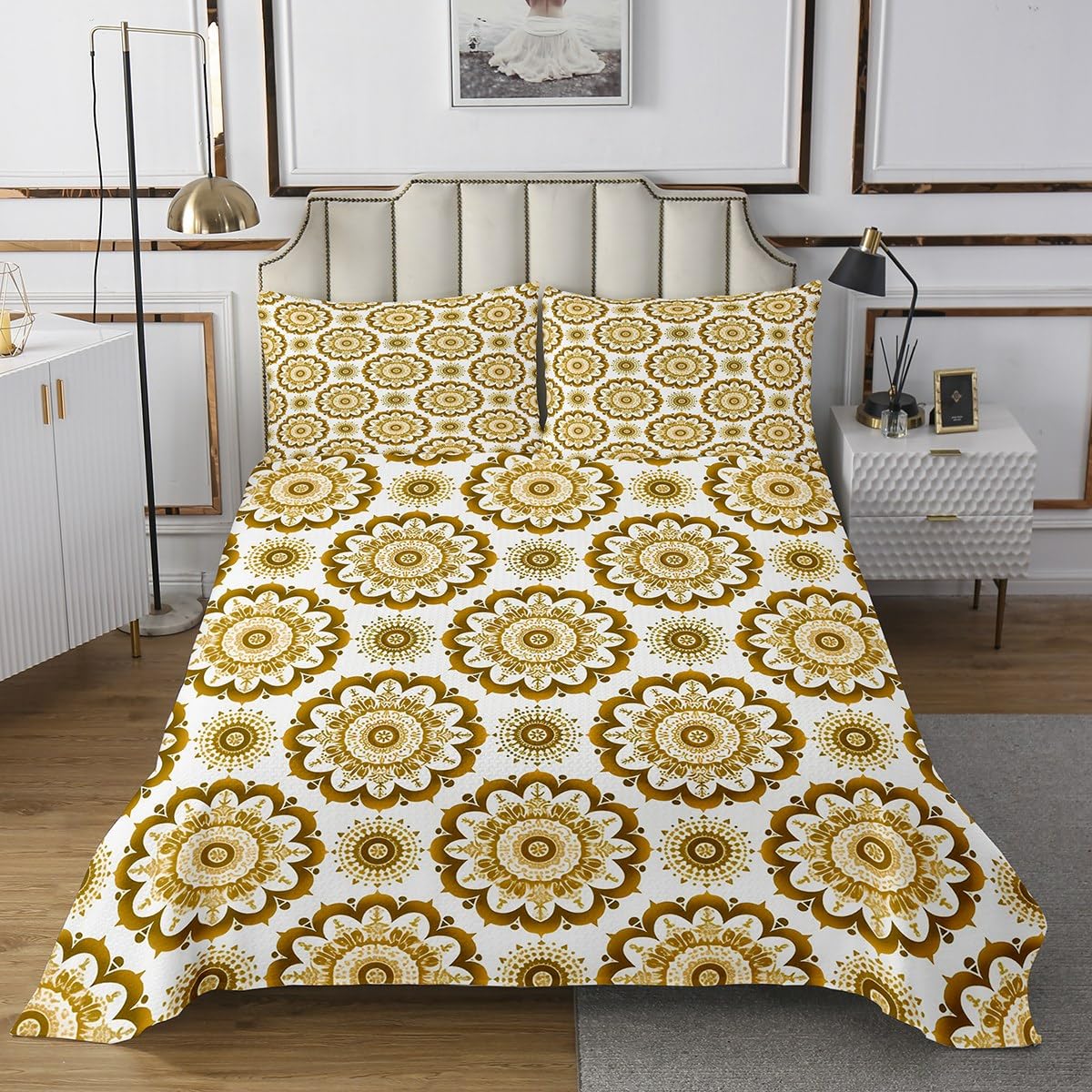 jejeloiu Paisley Coverlet Set Twin Size Damask Pattern Bedspread for Kids Boys Girls Yellow White Bedding Set European Pattern Bed Cover 2Pcs