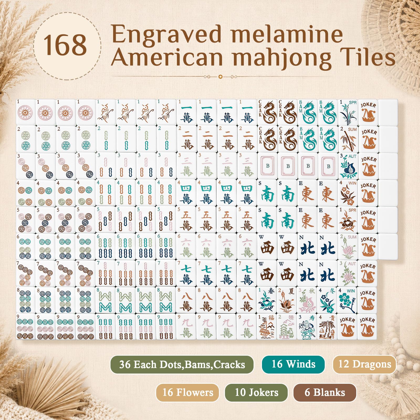Soulchen Ensemble de mahjong américain classique bohème de 3,1 cm, 168
