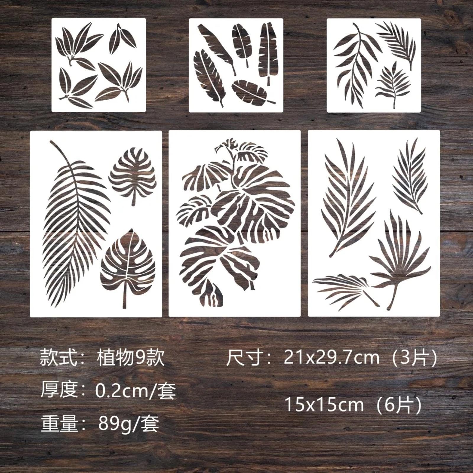 Stencil per artigianato riutilizzabili, 9 pezzi, formato A4, 29 cm, motivo: foglie verdi da giardino, per dipingere su legno, stencil da parete, modelli da disegno per porte e decorazioni domestiche