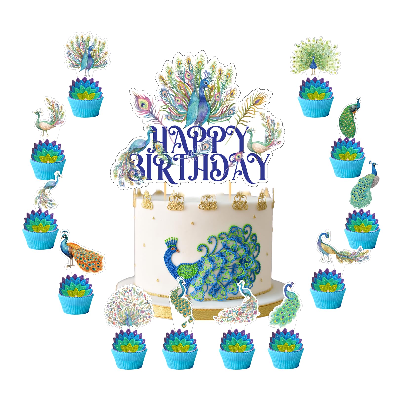 2 Striscioni Per Festa Di Compleanno A Tema Pavone - Decorazioni Glitterate Con Pavone E Scritta Buon Compleanno - Forniture Per Baby Shower E Feste Zoo