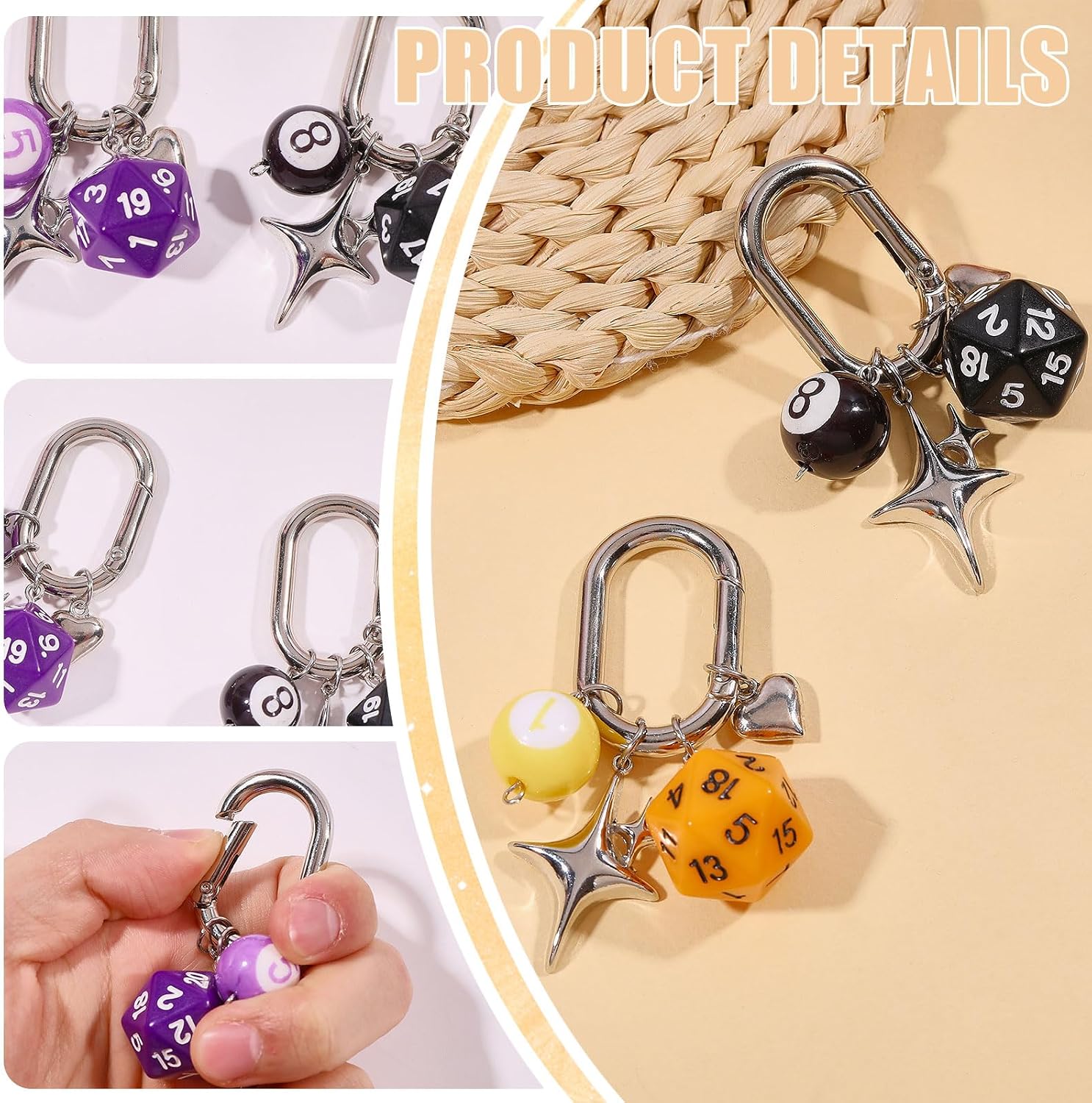 6Pcs 6 Colors Dice and Pool Ball Bag Charm Keychain Pendant Purse Accessories, for Billiard Lover Women Men Birthday Gift DIY Jewelry Craft Supplies image 4