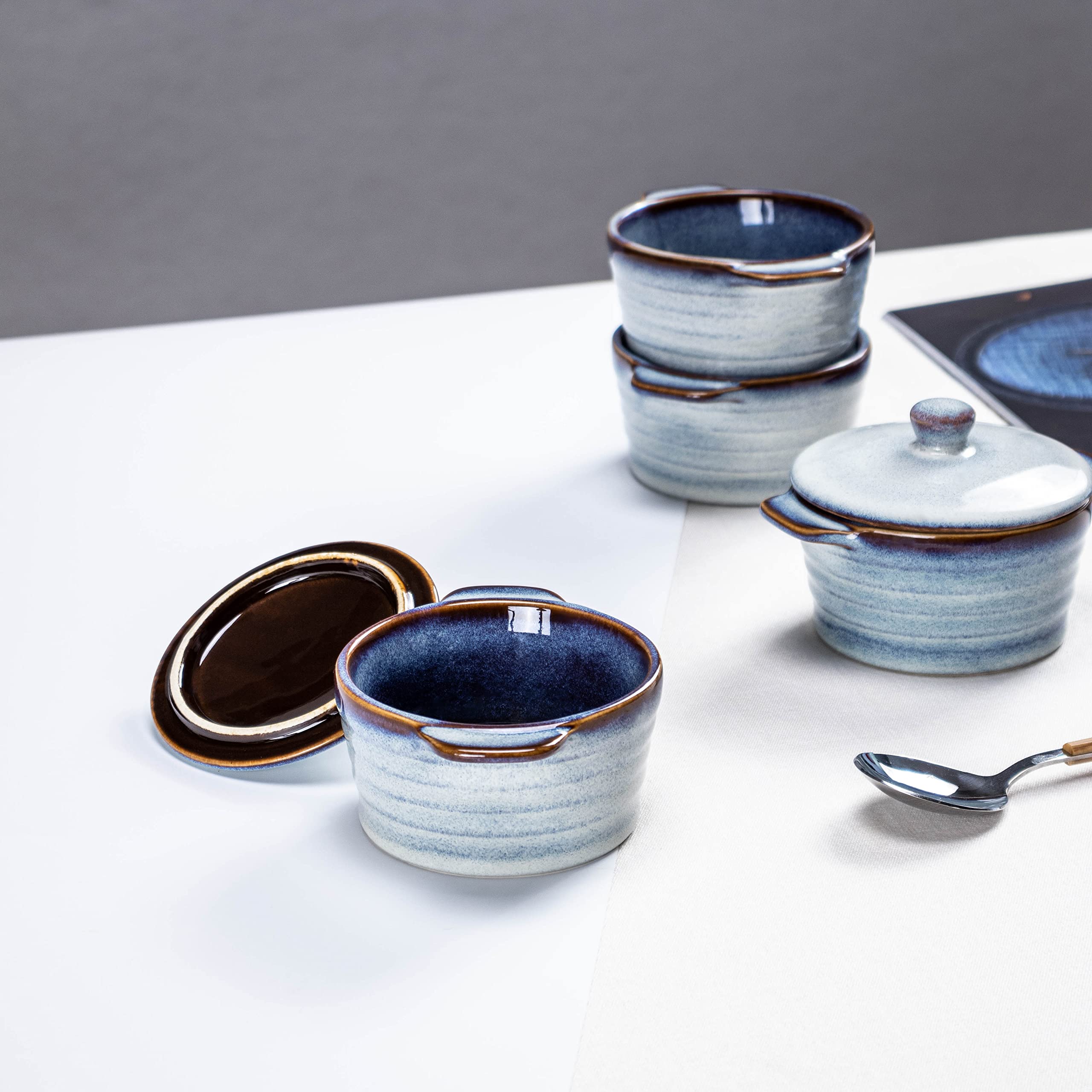 Ramequins en Céramique avec Couvercle, 4 Cocottes pour Soupe, Crème brûlée et Souffle, Passent au Four, Ramequins – Bleu