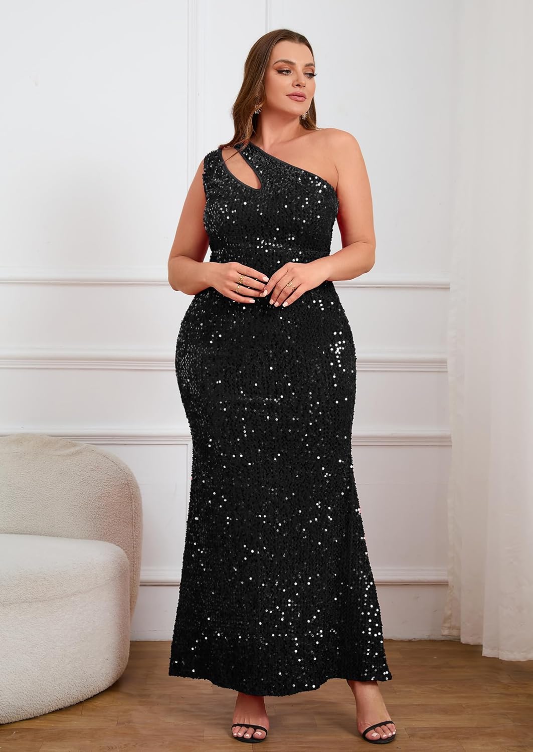 VERWIN Plus Size Sequins Fashion Sleeveless Oblique Collar Mermaid Women's Maxi Dress Evening Dress Party Dress Bodycon Dress - Image 4