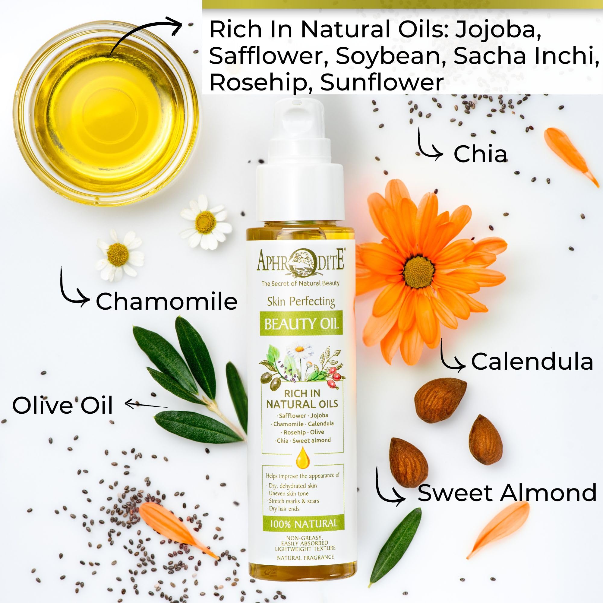 Aphrodite – 100% naturalny olejek do pielęgnacji skóry – wegańska formuła do skóry i włosów – wspomaga blizny i rozstępy – trwała i szybko wchłaniająca się formuła – Perfecting Beauty Oil