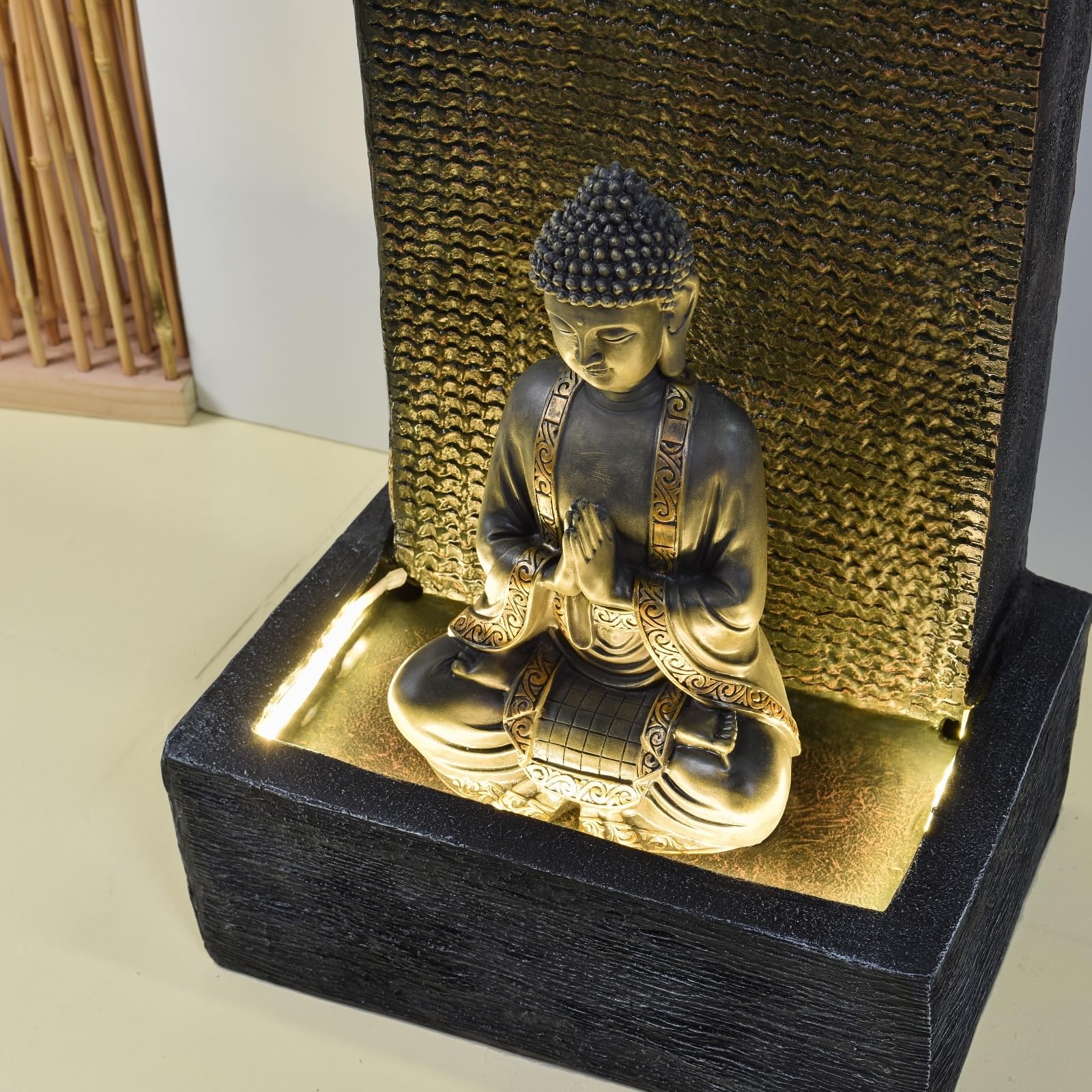 Fontaine d'Extérieur et d’Intérieur Mur d’Eau, Fontaine XL Décorative Jardin Terrasse Salon Grande Statue Amovible Personnalisable Bandeaux LED Blanc, Idée Cadeau, H100cm - XL Mur Bouddha Zen’Light