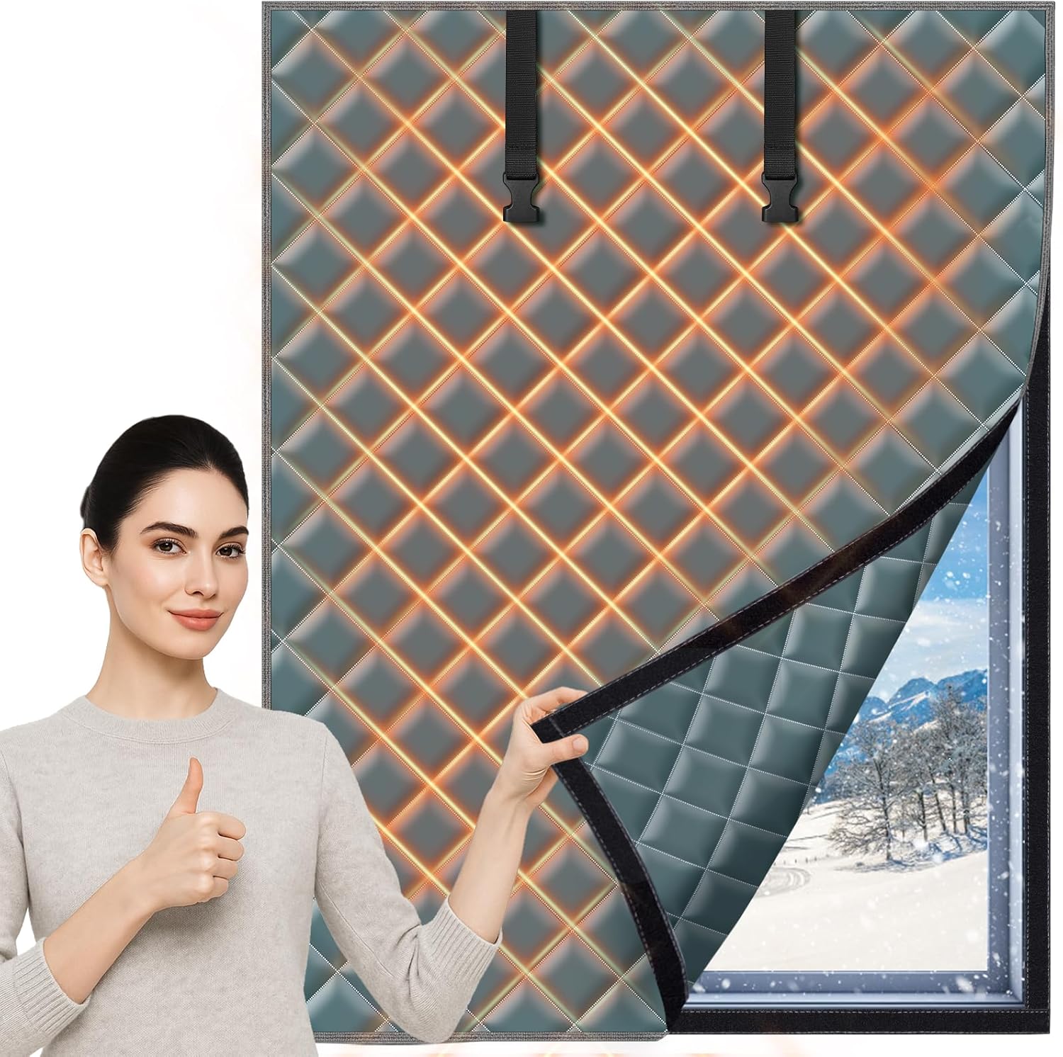 Window Insulation for Winter, 39” x 60” Thermal Insulated Window Cover, Heavy Cotton 3-Layer Oxford Cloth Window Blanket, Draft Blocking Curtain for Home, RV & Basement – Gray